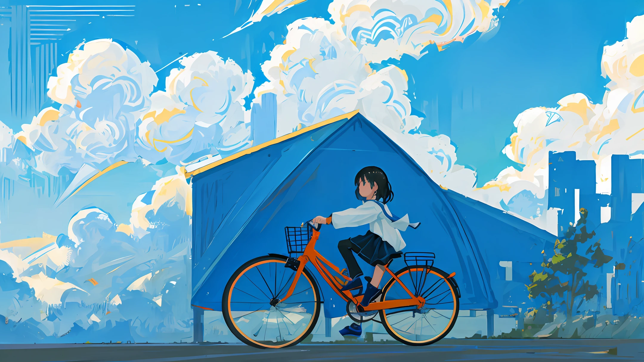 A riding a bicycle with blue sky and white clouds on the background, bold lines and solid colors, Japanese manga style