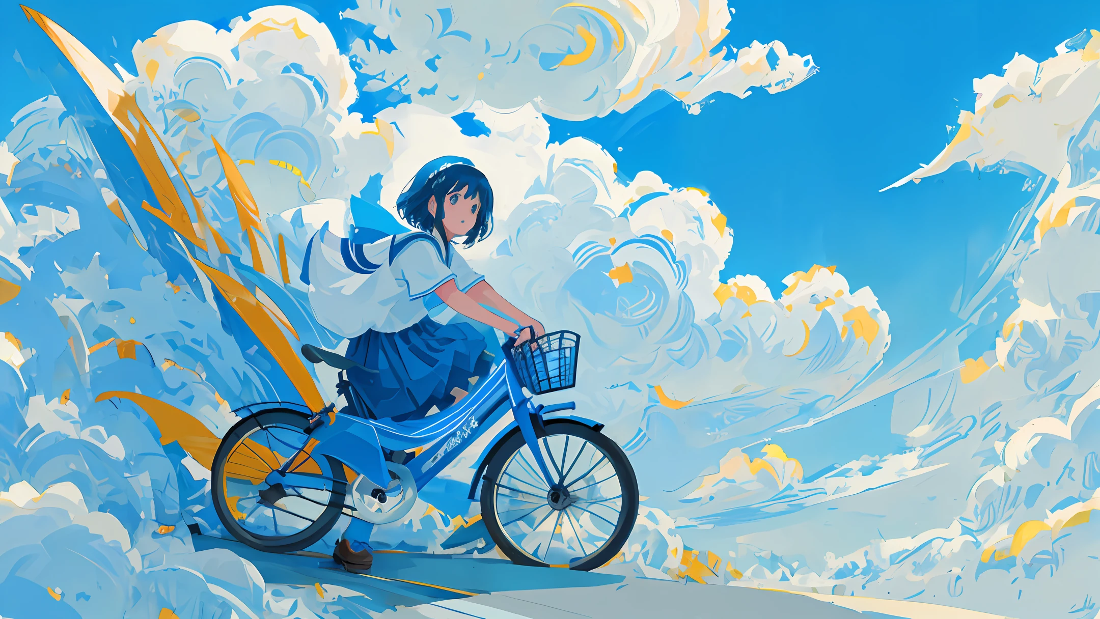 A riding a bicycle with blue sky and white clouds on the background, bold lines and solid colors, Japanese manga style