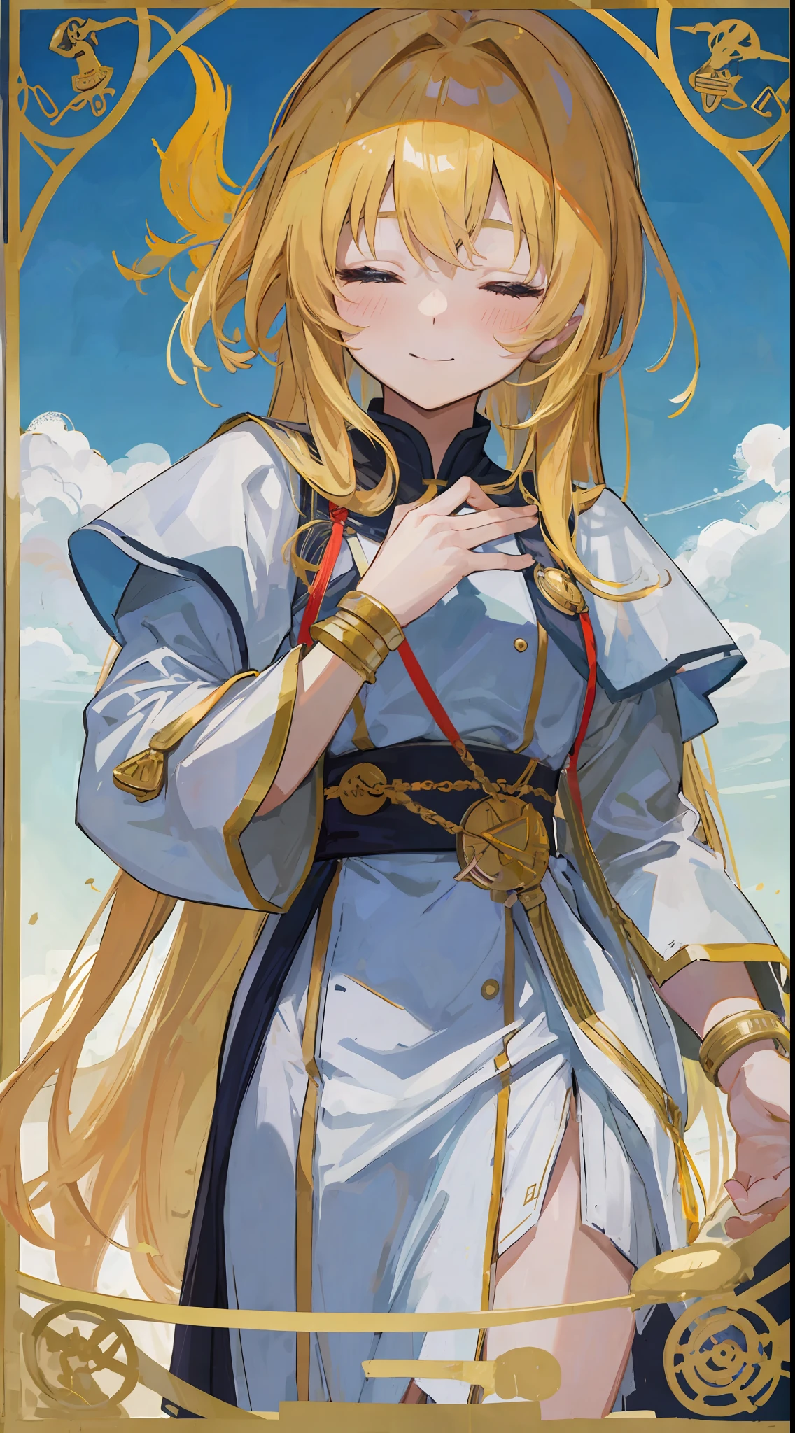1Girl, Golden hair, closed eyes, blush, harm smile, wearing high school girl clothes, make it like tarot anime-style but no frame