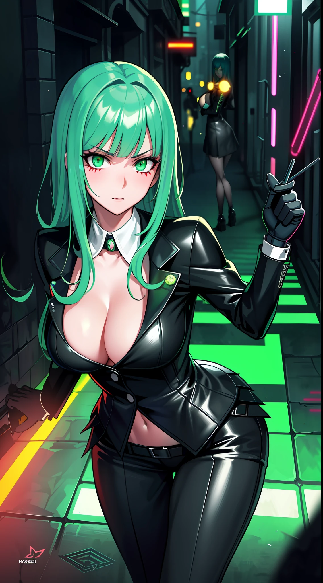 (masterpiece:1.2), (best quality:1.2), (prison school), detailed, a girl, transparent clothes, mature, green eyes, cleavage, dark alley, (no panties), (neon:1.3), clown, scary, (fire), (exhibition),badass pose sexy