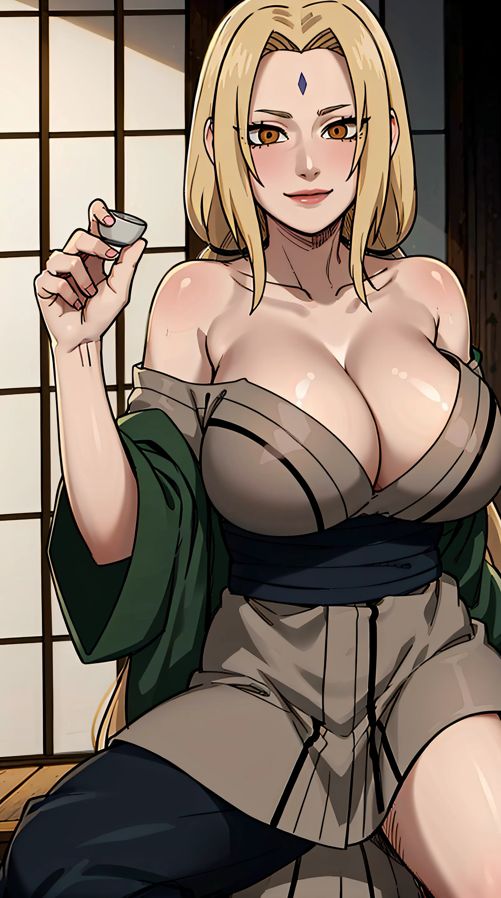 TsunadeNS, tsunade_senju, woman, fullbody, best quality, high resolution, distinct image, Cinematic light, intricate_detail, highres, official art, finely detailed beautiful face, high-resolution illustration, 8k, dark intense shadows, overexposure, 1girl, solo, huge breasts, kimono, cleavage, smile, lips, bare_shoulders, indoors, alcohol, bottle, sake_bottle, cup, holding, off_shoulder, (detailed hair), (masterpiece), (best quality), (ultra-detailed), sharp focus, detailed face, ((perfect anatomy)), high quality anime, anime art style, perfect lighting, (intricate details), (depth of field), full body, best quality, high resolution, distinct image, Cinematic light, intricate_detail, highres, official art, finely detailed beautiful face, high-resolution illustration, 8k, dark intense shadows, overexposure, 1girl, solo, (yellow hair:1.4), long hair, wavy hair,(arm + hand + 1_thumb), Five fingers each, perfect hands,