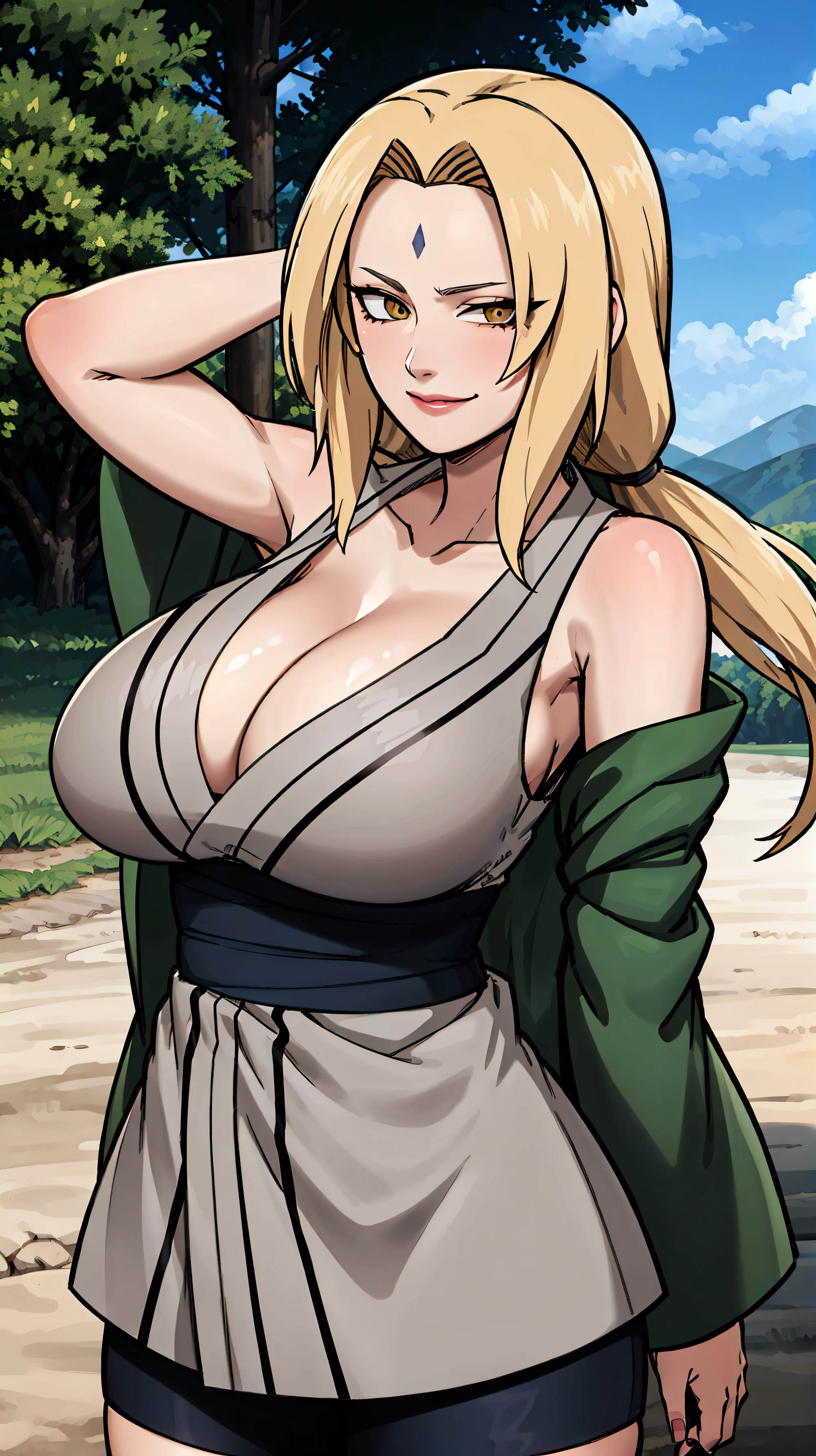 TsunadeNS, tsunade_senju, woman delicate, beautiful fingers, beautiful bright eyes, delicate hands, impossible clothes, taut shirt, thighs, sweet, (best illumination, an extremely delicate and beautiful), (exceptional, best aesthetic, new, newest, extremely detailed, anime:1.2), intricate_detail, official art, finely detailed beautiful face, overexposure, 1girl, solo, huge and saggy breasts, kimono, cleavage, smile, (depth of field), full body, (yellow hair:1.4), lips, alcohol, bottle, sake_bottle, cup, holding, off_shoulder, (masterpiece), (best quality), (ultra-detailed), sharp focus, detailed face, ((perfect anatomy)), long hair, (arm + hand + 1_thumb), Five fingers each, perfect hands, (best shadow), high-resolution illustration, 8k, dark intense shadows, high resolution, (beautiful detailed face), ((high contrast)), ((cinematic light)), high quality anime, anime art style, perfect lighting, (intricate details), colorful, hyper detail, dynamic angle, light around the character, particles, (Behavior: relaxed, carefree, free-spirited), open sky, (highly detailed background:1.0), soft lighting, (very detailed background:1.0), ((landscapedwith beautiful in the background, wind in the forest with many falling leaves and beautiful clouds)), (best possible illustration), water and rivers, mountains and nature, tree and leaves, wind and particles