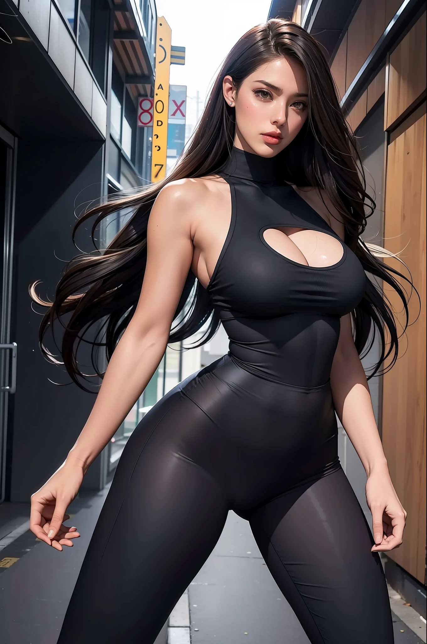 A towering woman with long hair dragged on the ground like a waterfall, super long hair! Super long hair! Floor-to-ceiling long hair, floor-to-ceiling long hair, huge breasts, especially huge buttocks, thick leg muscles, obvious muscle lines all over the body, standing posture, looking down, real lighting, upper body leaking half-chest tights, lower body tight body pants, super high heeled daddy shoes, large area tattoos