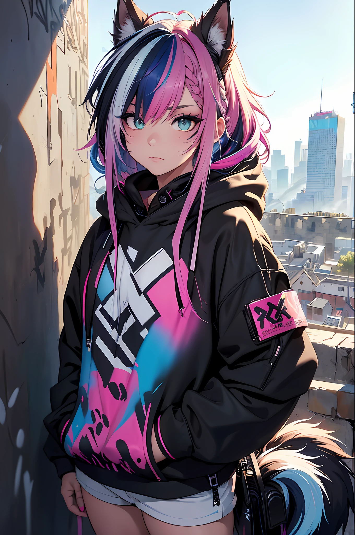 (Masterpiece: 1.2), best quality, (illustration: 1.2), (ultra-detailed), eye focus, (masterfully crafted glow, pink lens flare), (cinematic background), hyper details, (delicately detailed), (intricate details), octane rendering, HDR, (hyper-detailed: 1.15), (((colorful)))), (soft light: 1.2), 1girl, (lynx ears: 1.3), (lynx girl), (cat's tail: 1.5), beautiful girl, ultra detailed eyes, mature, plump, rainbow painting drops, color tears, woman made of color, fully paint, splash, squirt, (exterior), (bioluminescent hair: 1.5),(glowing eyes:1,2), ((makeup)),(cinematic masterpiece), fierce, powerful, splashes of color absolutely striking, (cinema spotlights), (realistic bounce lighting:1,2),((corrosive)), dynamic angle, beautiful detailed glow, ambient occlusion, ambient light, ray tracing reflections,(best lighting, an extremely delicate and beautiful), ((cinematic light)), (soft:2), (whimsical:2) , more complicated background, vivid, dreamscape, (graffiti painting:1.3), (glowing tail), (painted cityscape), (urban),(realistic urban fashion), (expressive:1.2), good shape, athletic, (mirrored world), (long, flowing black hair:1.1), wavy hair, (colorful strands of hair),(Cyberpunk Techwear Japanese Streetwear Longline Hoodie),(Cyberpunk Streetwear Kanji sweatpants), glowing headphones, cap, (graffiti wall), unfinished graffiti, ghetto,(view of the wall:2), black hoodie, (back panel available),(with spray can:1.3), (colorful fog), buckles, belt, straps, a girl standing in front of a graffiti wall, cyberpunk art, (by LAM), Mika Pikazo, graffiti, techwear jacket, black gloves, with buckle and tape, (blue and pink hair),(two-tone hair:2),(blue hair),