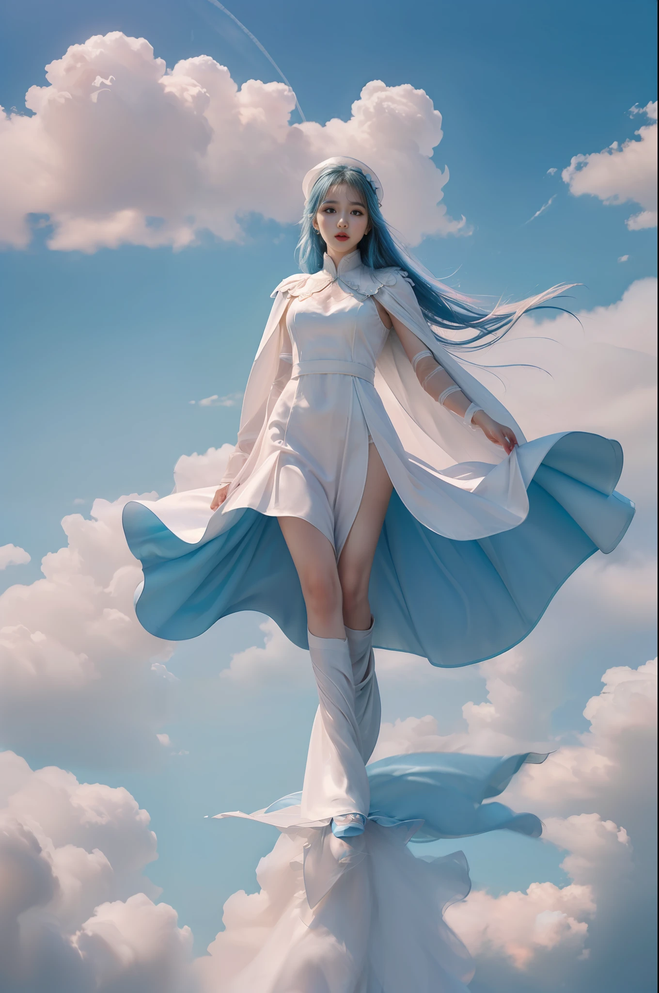 (8k, RAW photo, photorealistic:1.25) ,( lip gloss, eyelashes, glossy side, shiny skin, best quality, ultra high resolution, depth of field, chromatic aberration, caustic, wide light, natural shadow, headwear, kpop idol) ,light pink and blue style, 1girl, (blue sky: 1.5), tall and thin beauty goddess, flowing dress, conservative girl, cloud goddess, flowing white fabric, wearing a flowing dress, realistic, (Blue sky and white clouds in the background: 1.4), (wind: 1.5), (Full body: 1.5), nhjy, a dress with a cape and a capelet on it