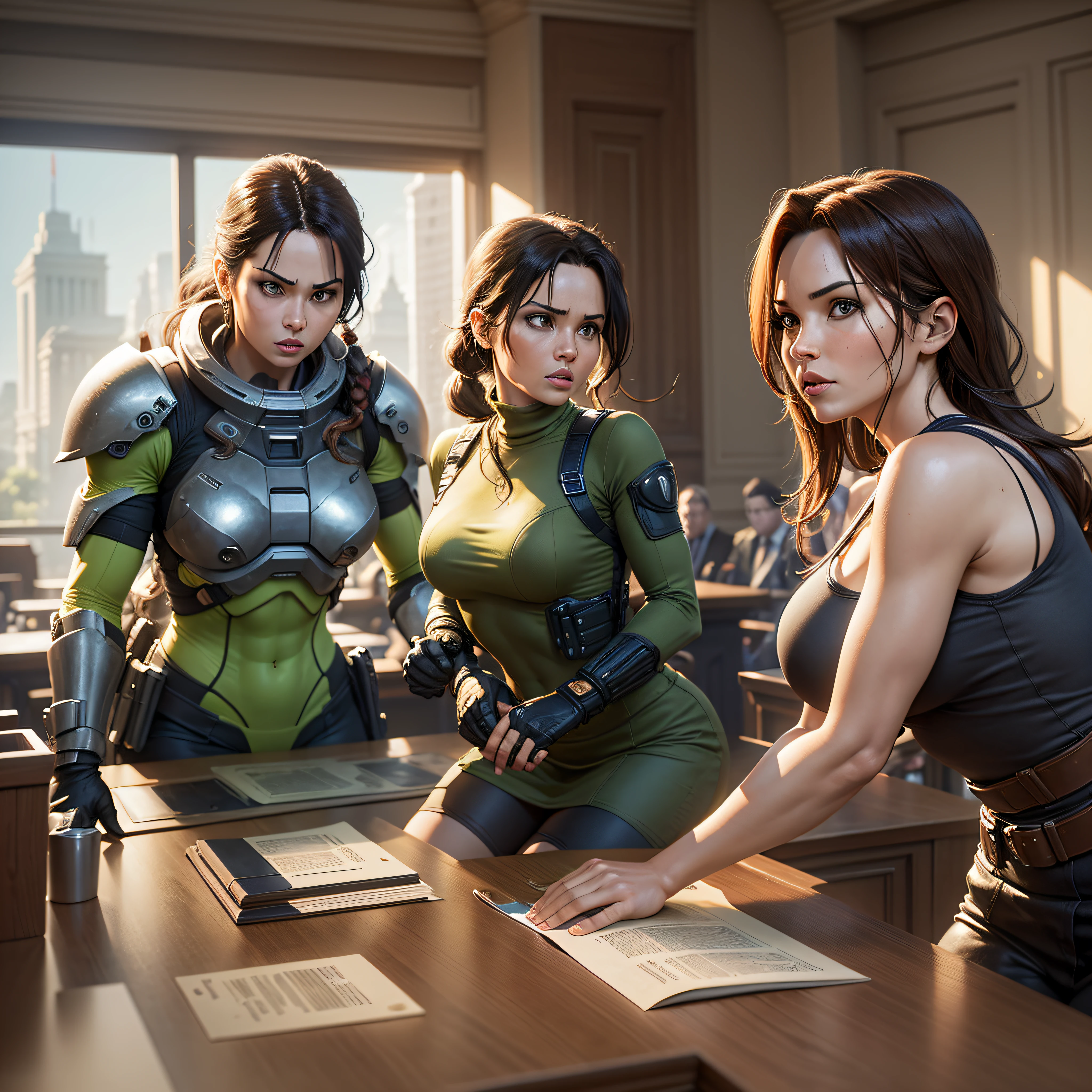 a featured image of the courtroom, with iconic characters from the games, such as Mario, Master Chief and Lara Croft, in funny poses or interacting with the scene. --auto --s2
