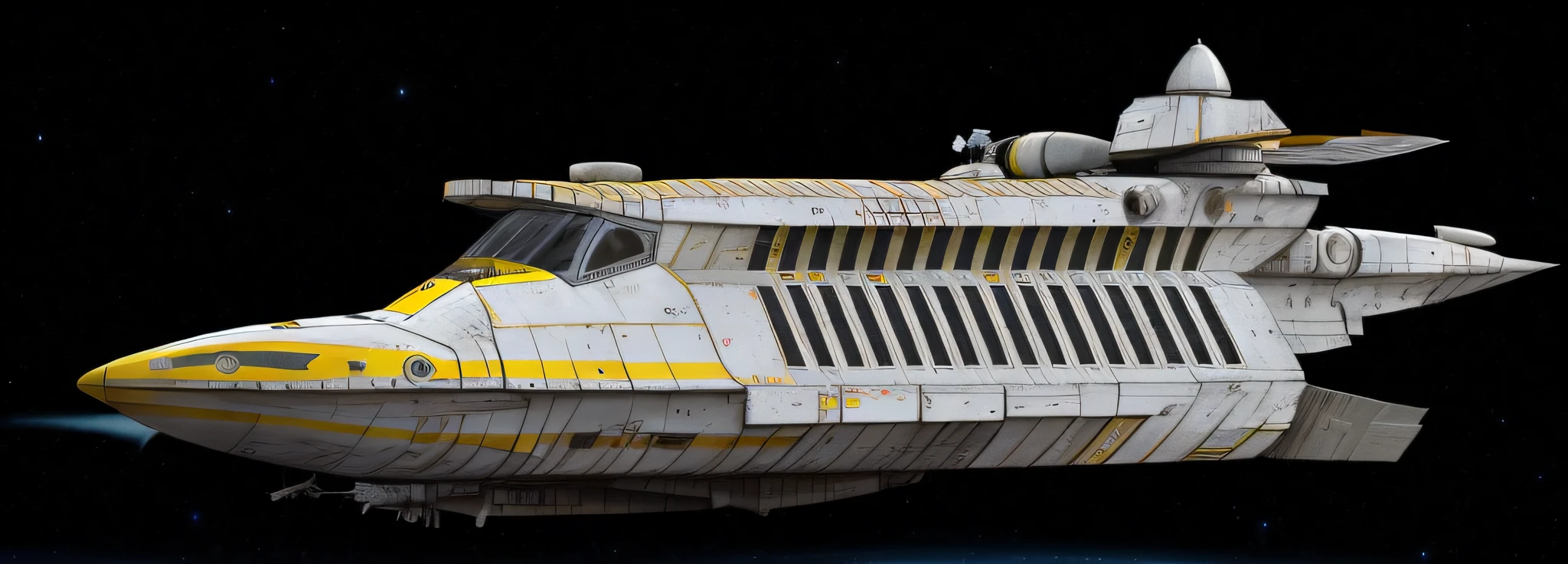 Spacecraft with yellow and white stripe on the side, hyper-realistic texture, high definition, HD