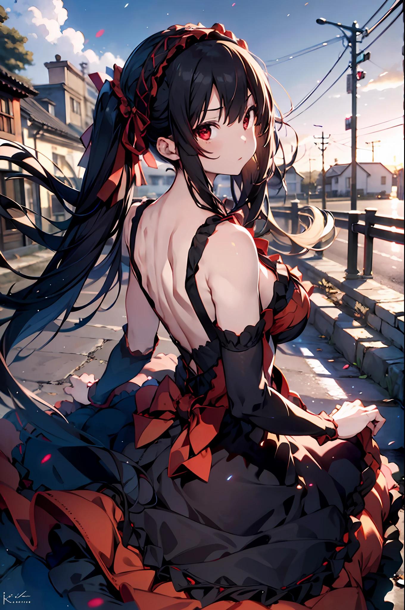 1girl, (solo:1.2), ((masterpiece)), (shadow), [slim], (small breasts), ((sharp focus)), pale skin, ((detailed eyes)), (blurry background), dynamic pose, dynamic angle, tokisaki kurumi, red and black dress, twintails, armpits