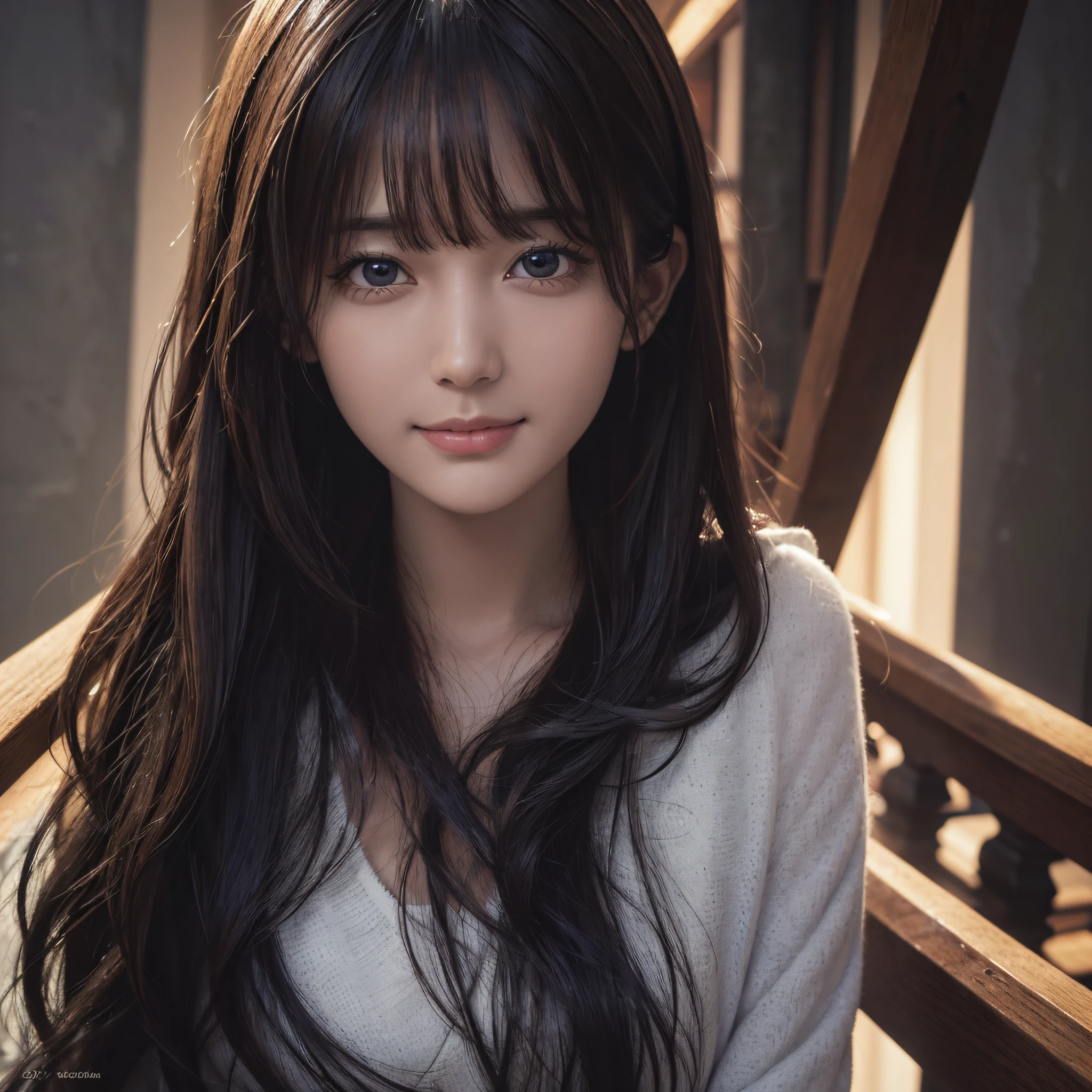hyperrealism), (illustration), (increase resolution), (8K), (extremely detailed), (best illustration), (beautiful detailed eyes), (best quality), (ultra-detailed), (masterpiece), (wallpaper), (detailed face), solo, 1 girl, looking at the audience, delicate details, detailed face, in the dark, deep shadow, understated, pureerosfaceace_v1, smile, long hair, straight black shawl, 46 points slanted bangs