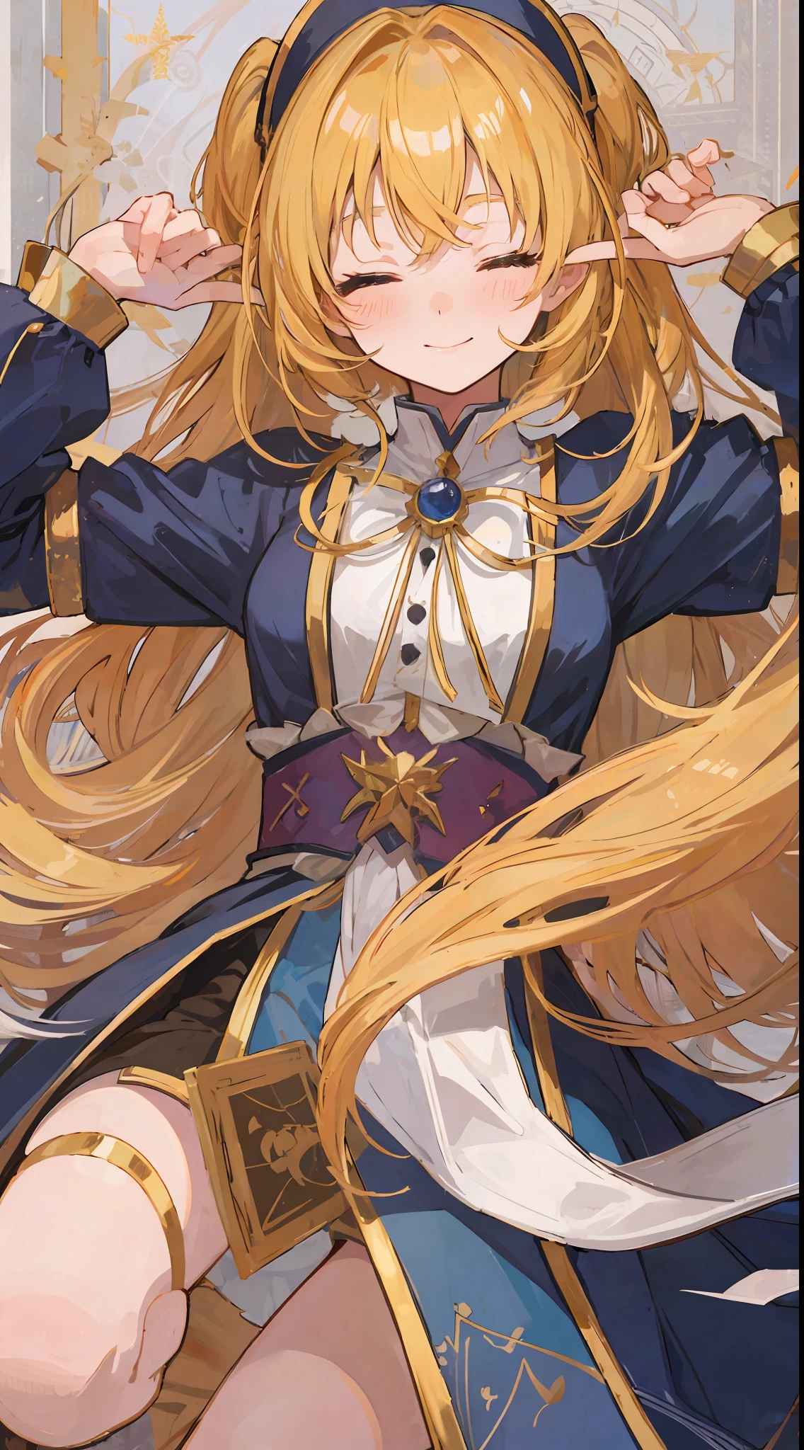 1Girl, Golden hair, closed eyes, blush, harm smile, wearing high school girl clothes, make it like tarot anime-style but no frame