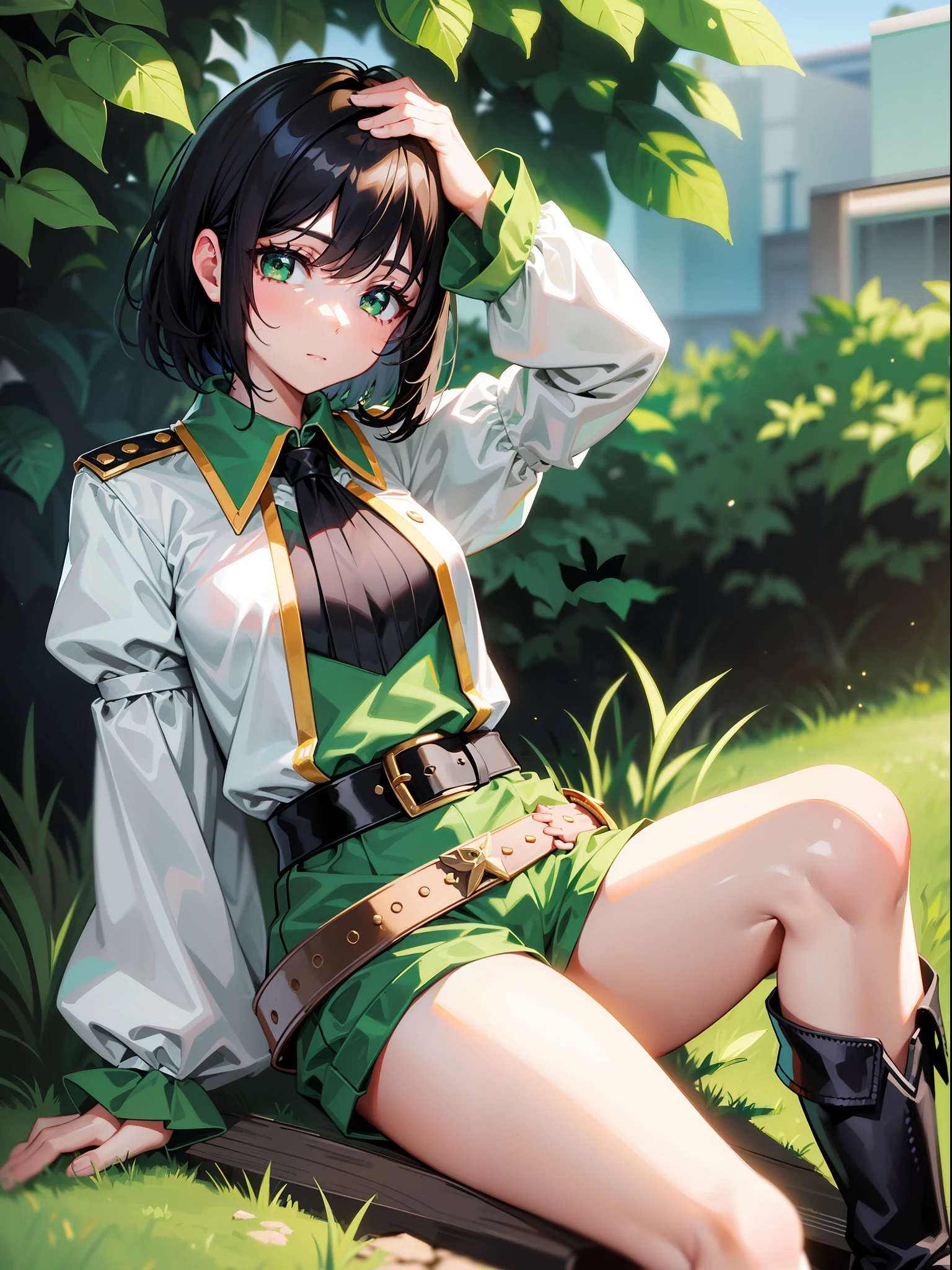 Black hair short, short green clothes with white collar sleeves, green shorts, white waist belt, knee high boots, girl, outdoor