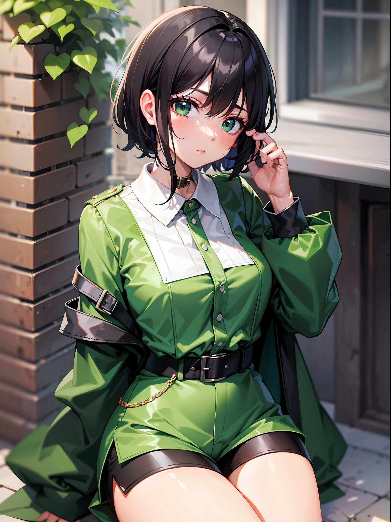 Black hair short, short green clothes with white collar sleeves, green shorts, white waist belt, knee high boots, girl, outdoor