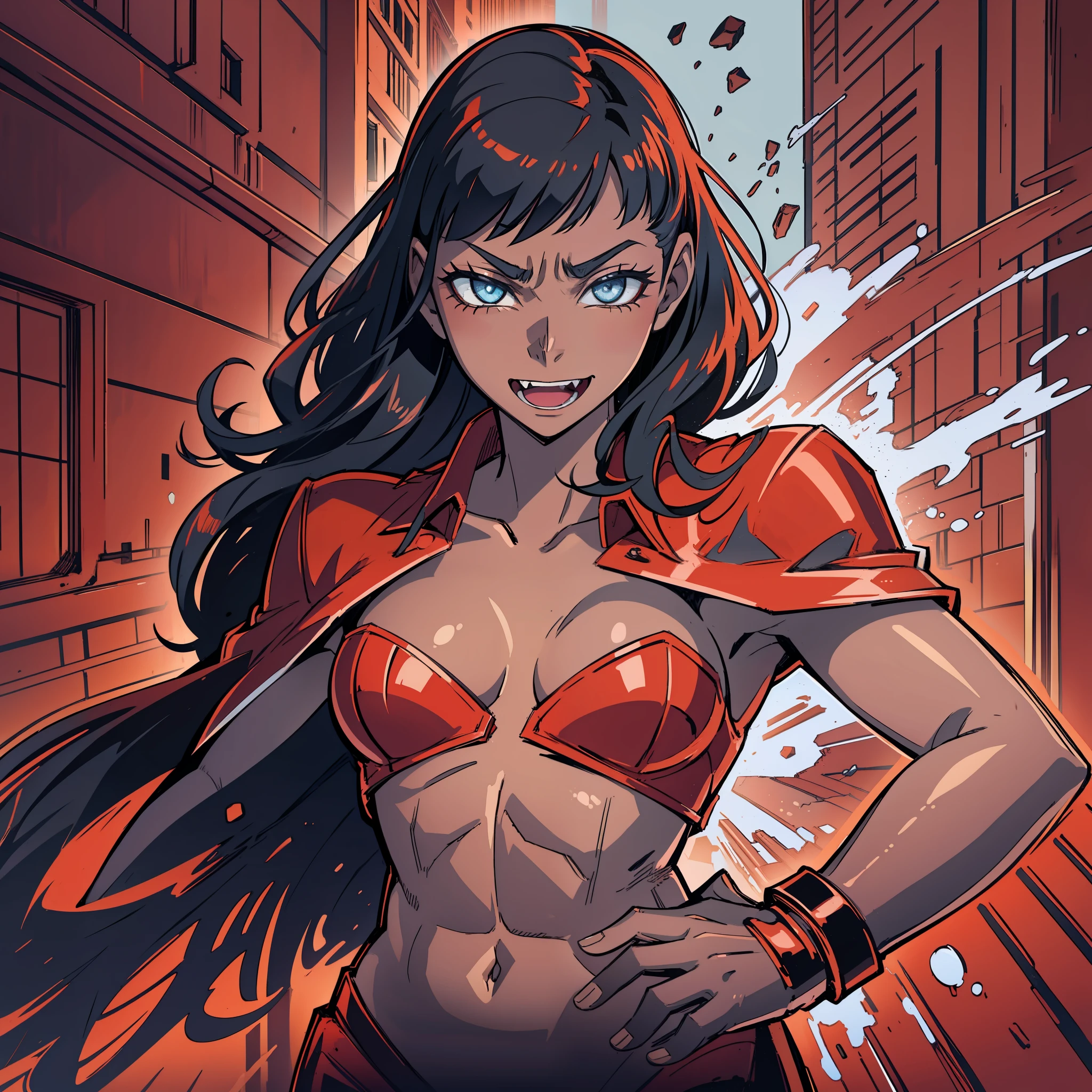 Girls, gods, red leather clothes, black skin, fangs, Vulcan