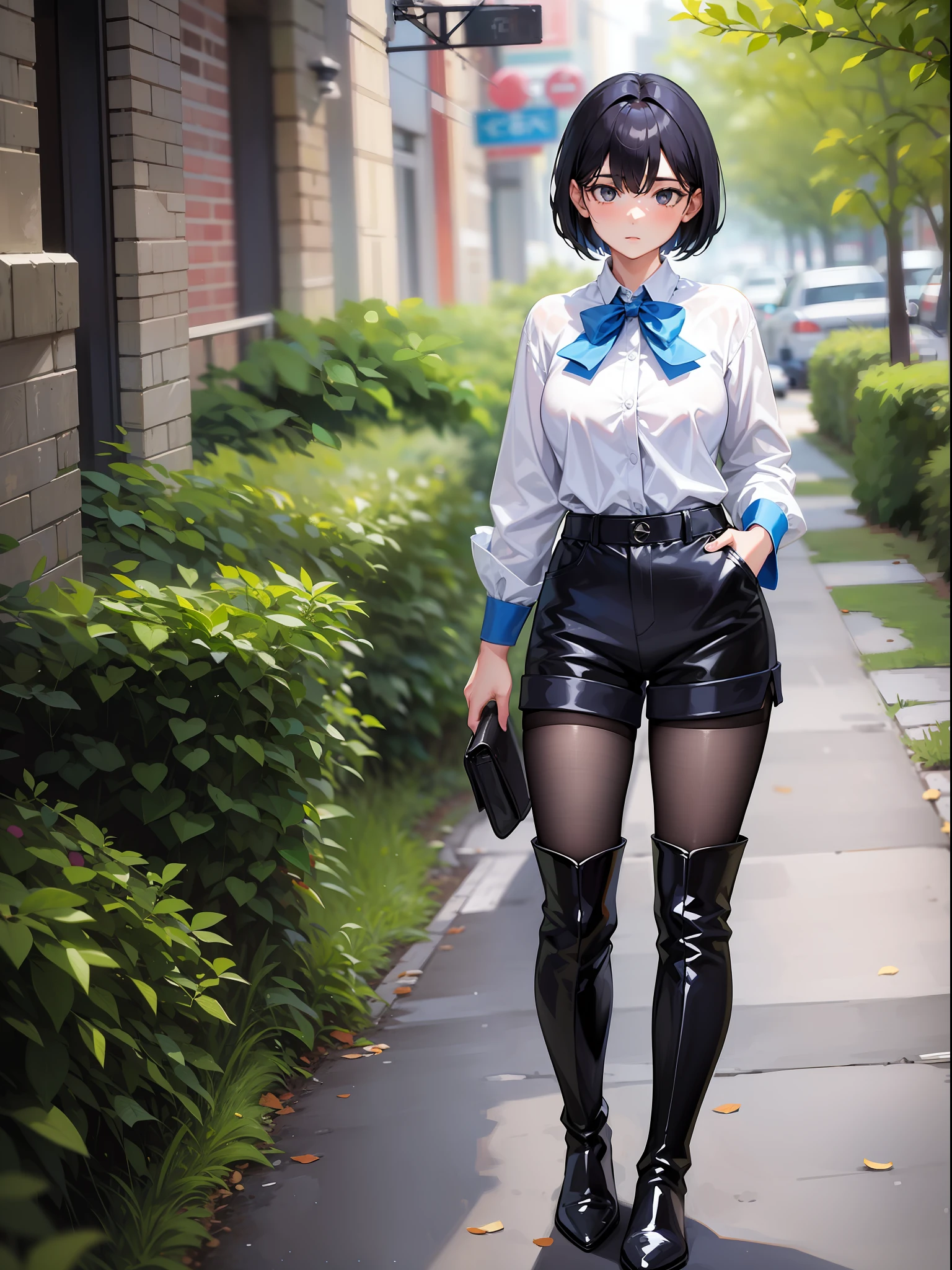 Black hair short hair, short clothes with white collar sleeves, blue shorts, black pantyhose, girl, outdoor, knee high boots