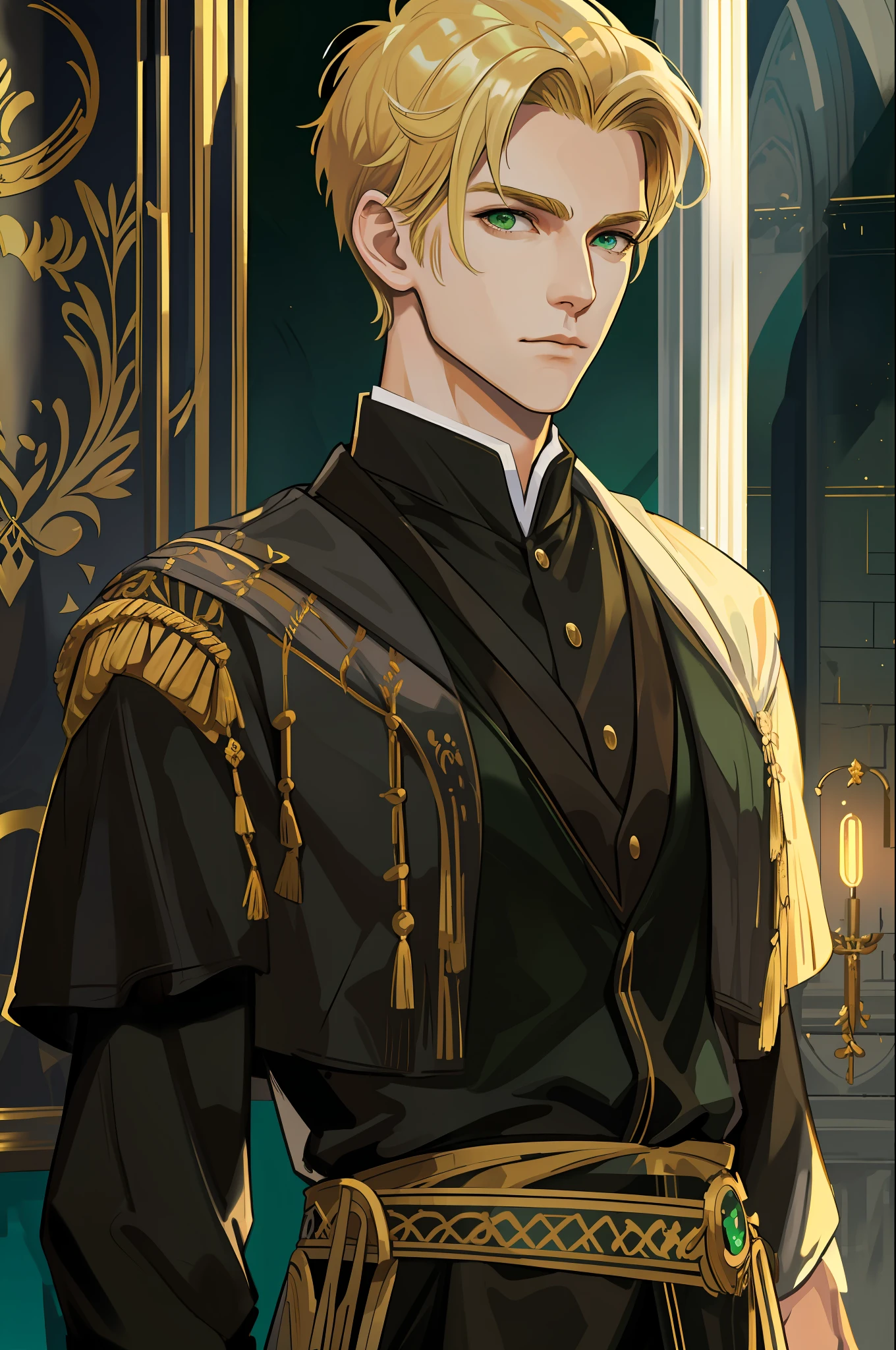 masterpiece, best quality, realistic, 1man, male focus, mature, tall muscular, handsome, [thick eyebrows], extremely detailed face, (blonde hair), (short hair), (green eyes), broad shoulders, fantasy, royal, Fantastic light and shadow, magic, magnificent background, court background, emperor, black clothing, gold trimming