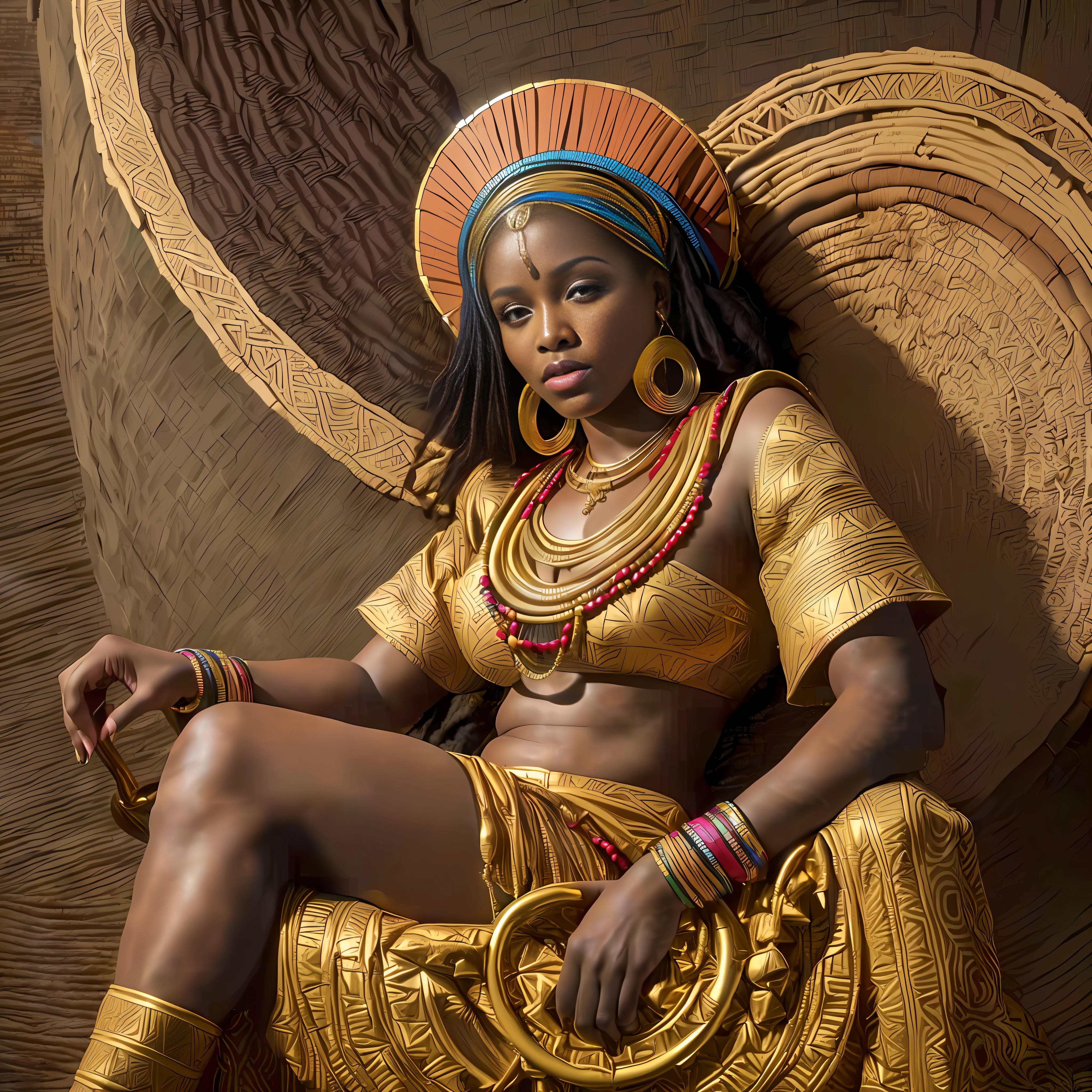 araffe woman in a gold outfit sitting on a chair, stunning african princess, african queen, black african princess, epic 3 d oshun, african princess, dark skin female goddess of love, african woman, futuristic himba young woman, beautiful futuristic himba woman, african arts, a stunning portrait of a goddess, kemetic, goddess. extremely high detail