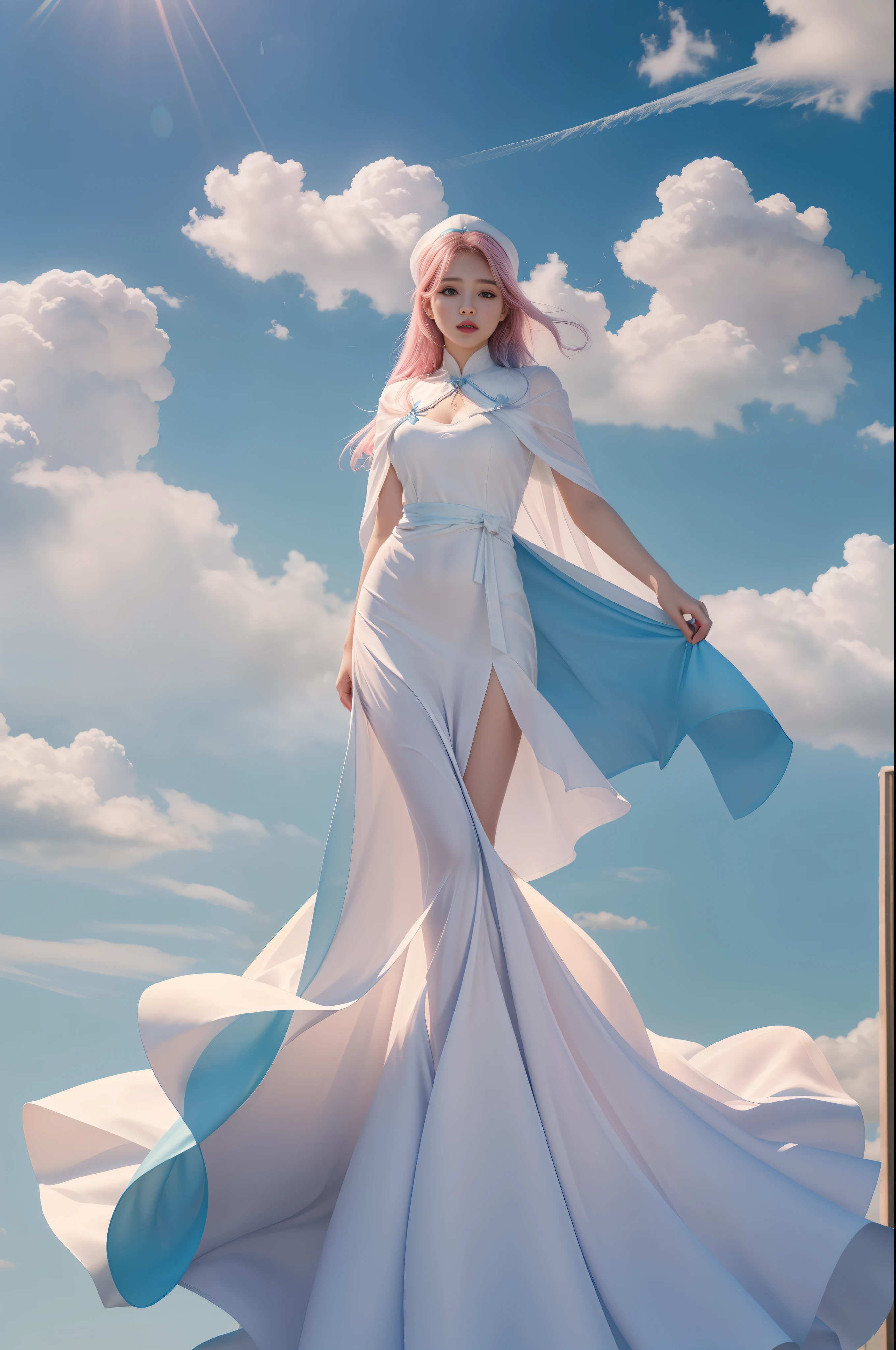 (8k, RAW photo, photorealistic:1.25) ,( lip gloss, eyelashes, glossy side, shiny skin, best quality, ultra high resolution, depth of field, chromatic aberration, caustic, wide light, natural shadow, headwear, kpop idol) ,light pink and blue style, 1girl, (blue sky: 1.5), tall and thin beauty goddess, flowing dress, conservative girl, cloud goddess, flowing white fabric, wearing a flowing dress, realistic, (Blue sky and white clouds in the background: 1.4), (wind: 1.5), (Full body: 1.5), nhjy, a dress with a cape and a capelet on it