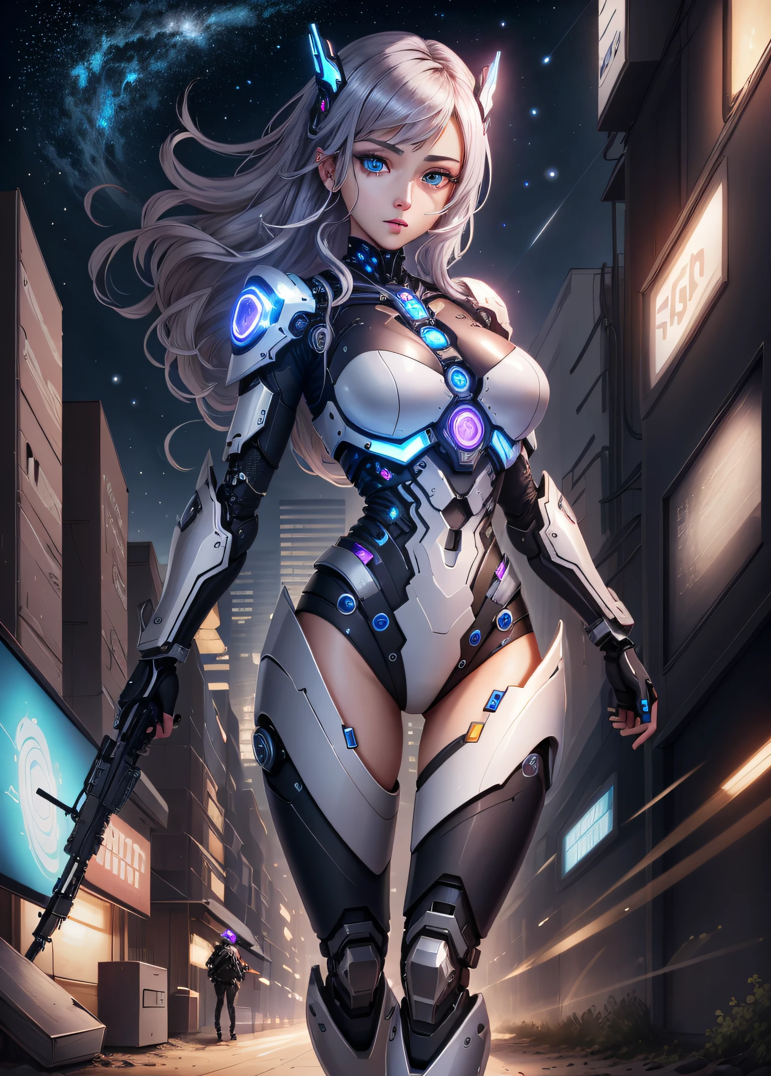 best quality, 8k, photography, beautiful eyes, detailed eyes, giant 3d printer, weapon market, neon light, starry night, 1girl, cyborg, fullbody, perfect body, chasing by cyborg enemies, medium breast, top viewer,