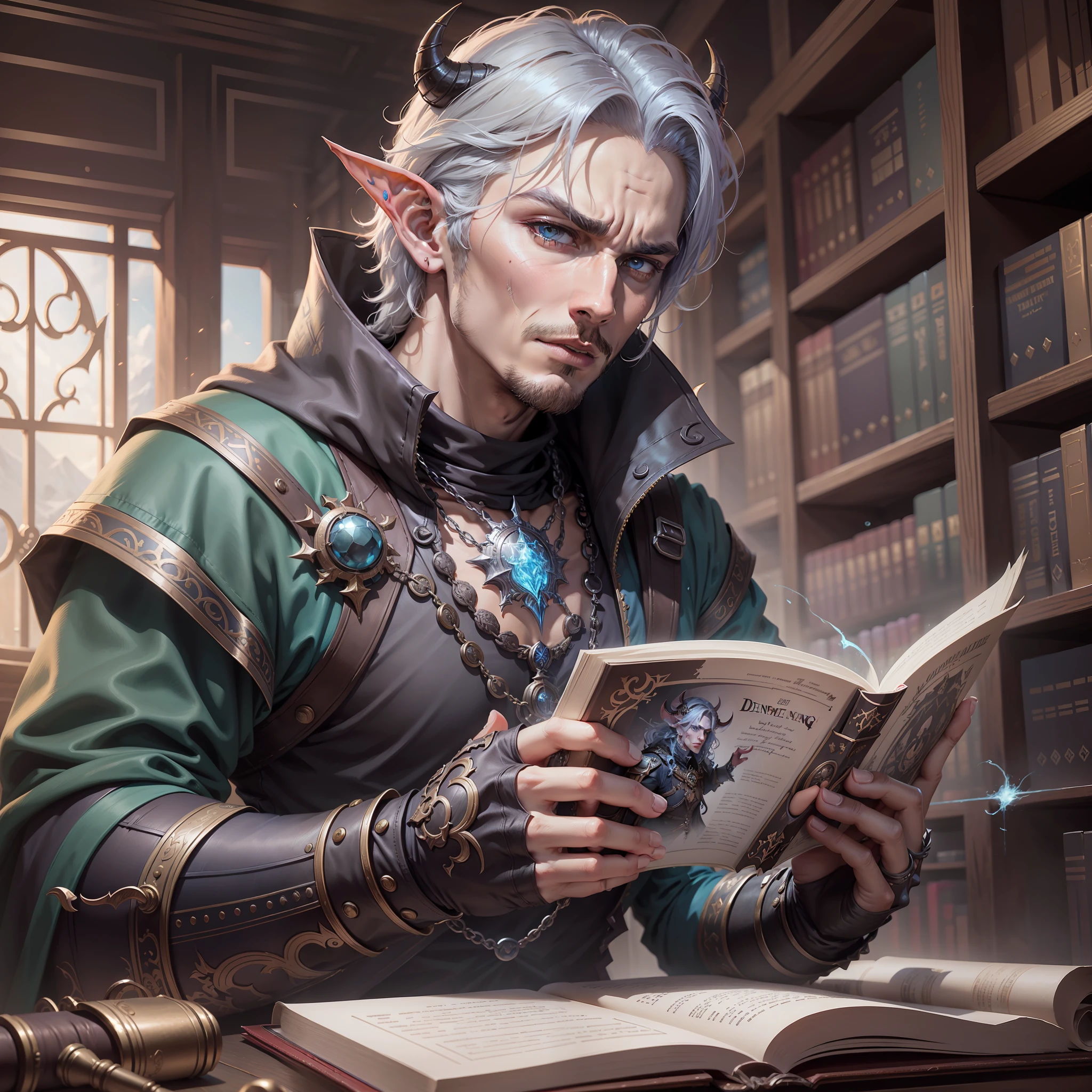 There is a male devil writing books in the library, suitable for male demons with white horns, fantasy genre portraits, fantasy male portraits, RPG book portraits, fantasy artists, skinny male fantasy alchemists, realistic fantasy illustrations, portrait DND, graphic artist Magali Villeneuve, portrait of male elves, epic fantasy art portraits, DFD tieflin portraits muscles dangerous coercion malicious masterpieces