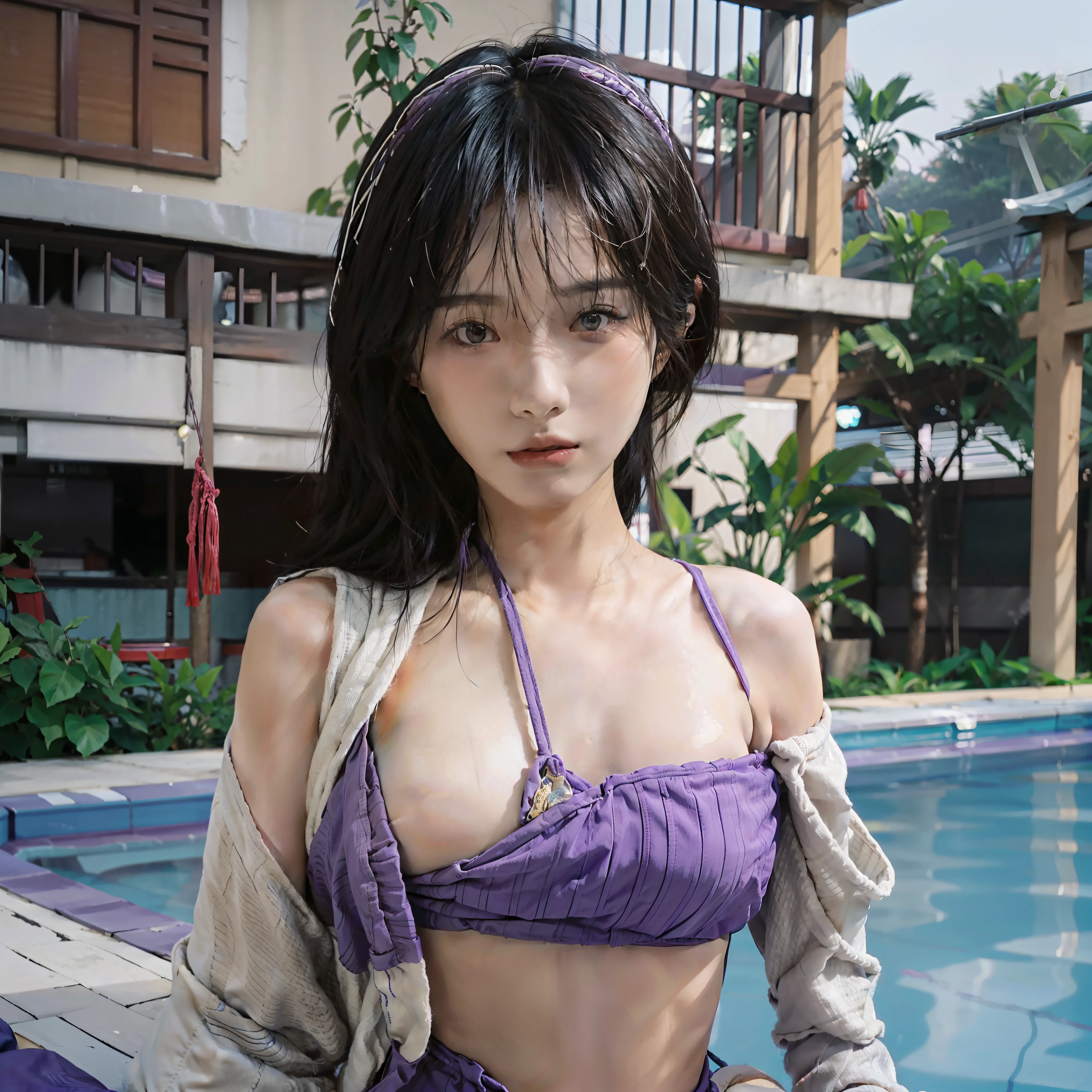 A woman in purple sexy swimsuit standing next to the pool, young sexy gravure idol, purple body, delicate gravure idol, young beautiful gravure idol, gorgeous Chinese model, Yoshitomo Nara, young thin gravure idol, with beautiful exotic, beautiful asian girl, Chinese model, sexy girl, close shot