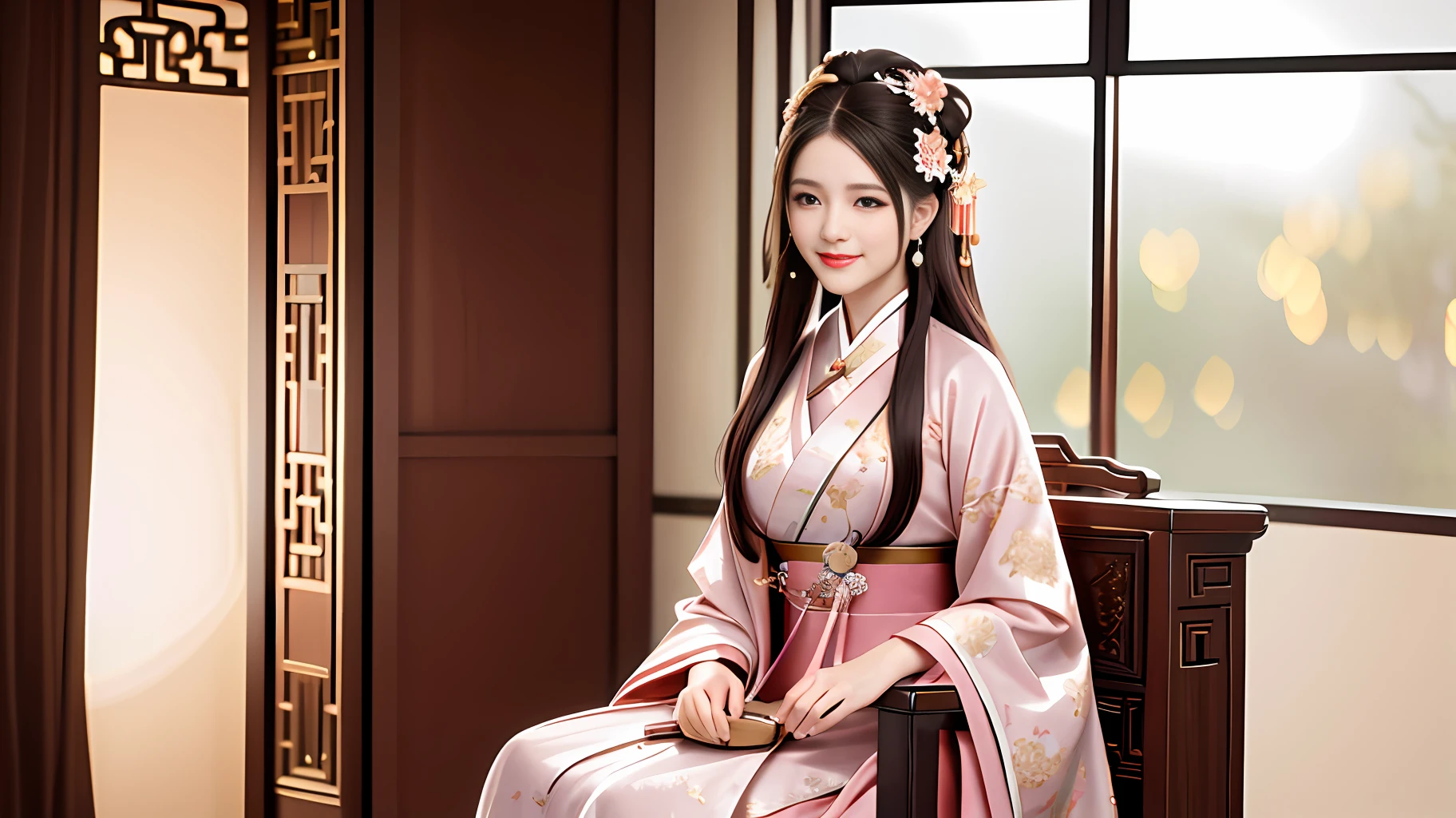 Superb Quality, Masterpiece, High Resolution, 1Girl, Blush, (Seductive Smile: 0.8), Star Pupil, Chinese Hanfu, Hair Accessories, Necklace, Jewelry, Beauty, on_body, Tyndall Effect, Realism, Shadow Room, Light Edge, Two-tone Lighting, (High Detail Skin: 1.2), 8K UHD, SLR, Soft Light, High Quality, Volume Lighting, Candid Photo, High Resolution, 4K, 8K, Background Bokeh, Complex Background, Interior, Classical Furniture, A Woman Holding a Lute, Sitting on a Chair, Looking at the audience,