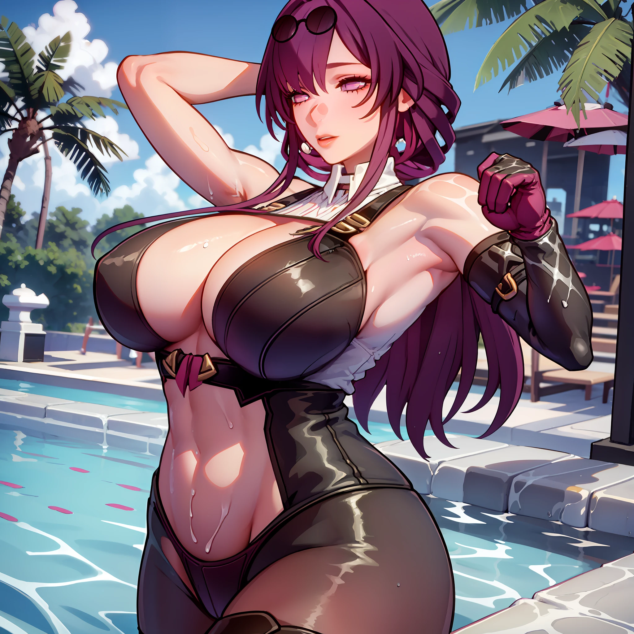 1girl,solo, beautiful, thicc thighs, huge breasts, wearing purple gradient bikini, in swimming pool,pure eyes, realistic pupils, highly details eye, perfect anatomy, good anatomy, good composition, armpits, sweating, Mom, milf, thicc thighs, lubricant skin groin area, oily skin, red armpits, sweat armpits