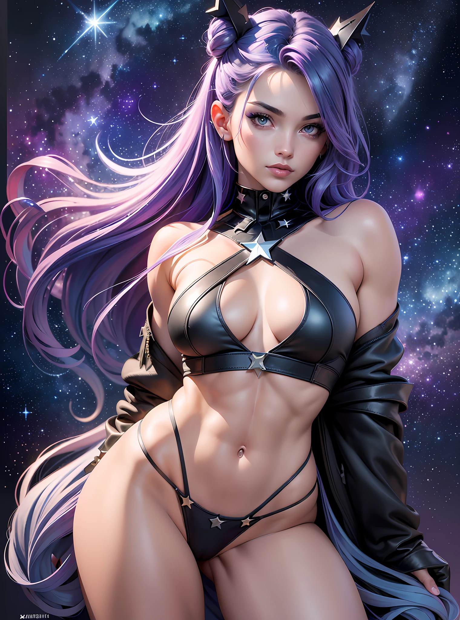 ((Best Quality)), ((Masterpiece)), ((Realistic)) and watercolor drawing of a girl with goth colors. She has ((starlight hair)), wears a (small black micro-thong:star motif ) , ((beautiful and aesthetic)), muscular fit body abs, sexy, under-boobs, hot, (star filled sky background) (clear background:1.35), (particles ,firefly, blue glowing):1.3,