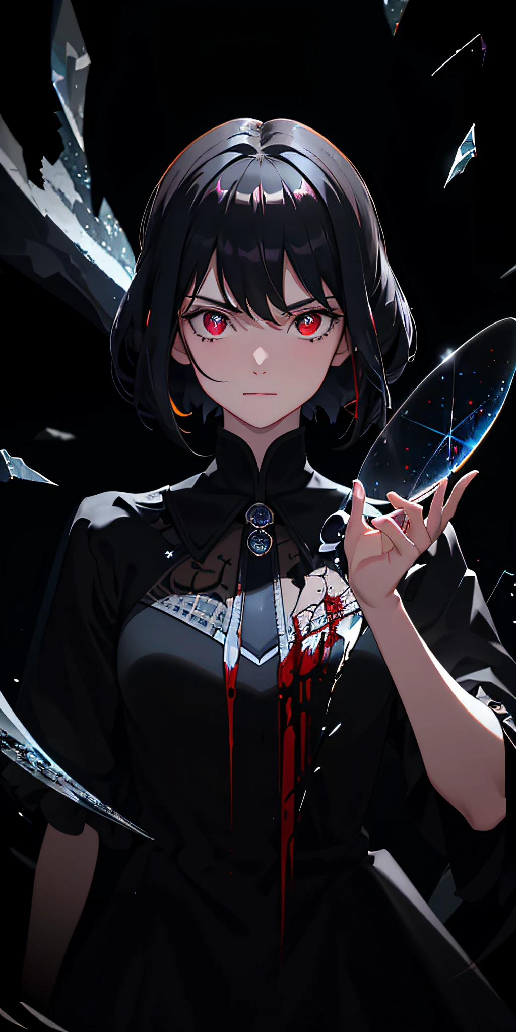 (masterpiece, best quality, ultra-detailed, best shadow), (detailed background, dark fantasy), (beautiful detailed face), high contrast, (best illumination, an extremely delicious and beautiful), ((cinematic light)), colorful , ultra-detailed, dramatic lighting, intricate details, (1 girl, solo, black hair, sharp face, low double ponytail, red eyes, hair between eyes, dynamic angles), blood splatter, character spinning around black light, depth of field, black light particles, (broken glass), magic circle,