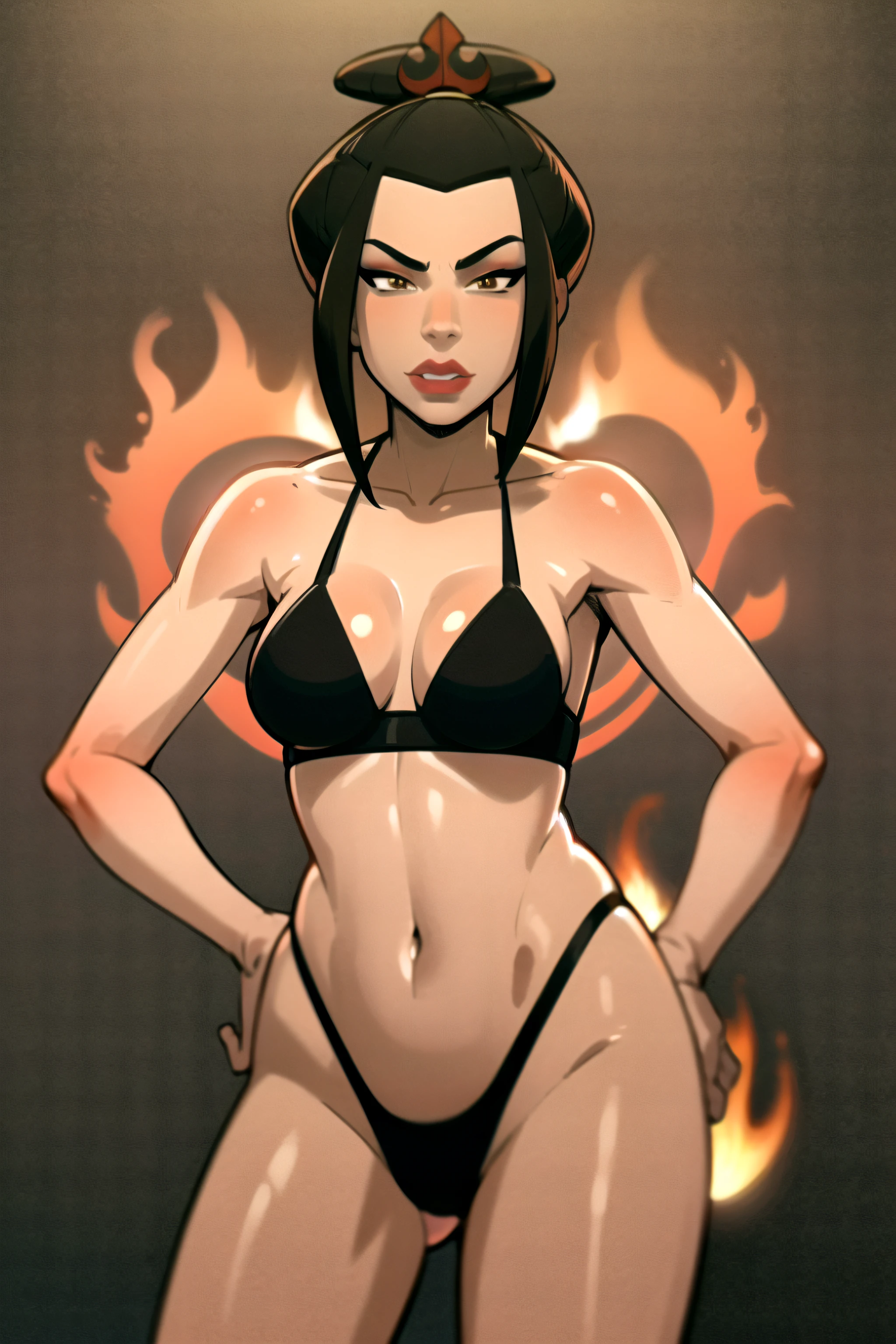 masterpiece, best quality, 1girl, azula, makeup, cleavage, (black bikini), lipstick, looking at viewer, fire, simple background