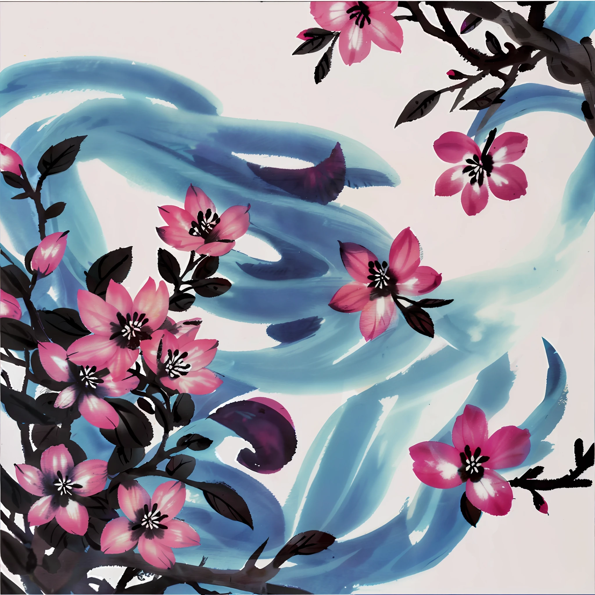 Plum blossoms, ink, cyan