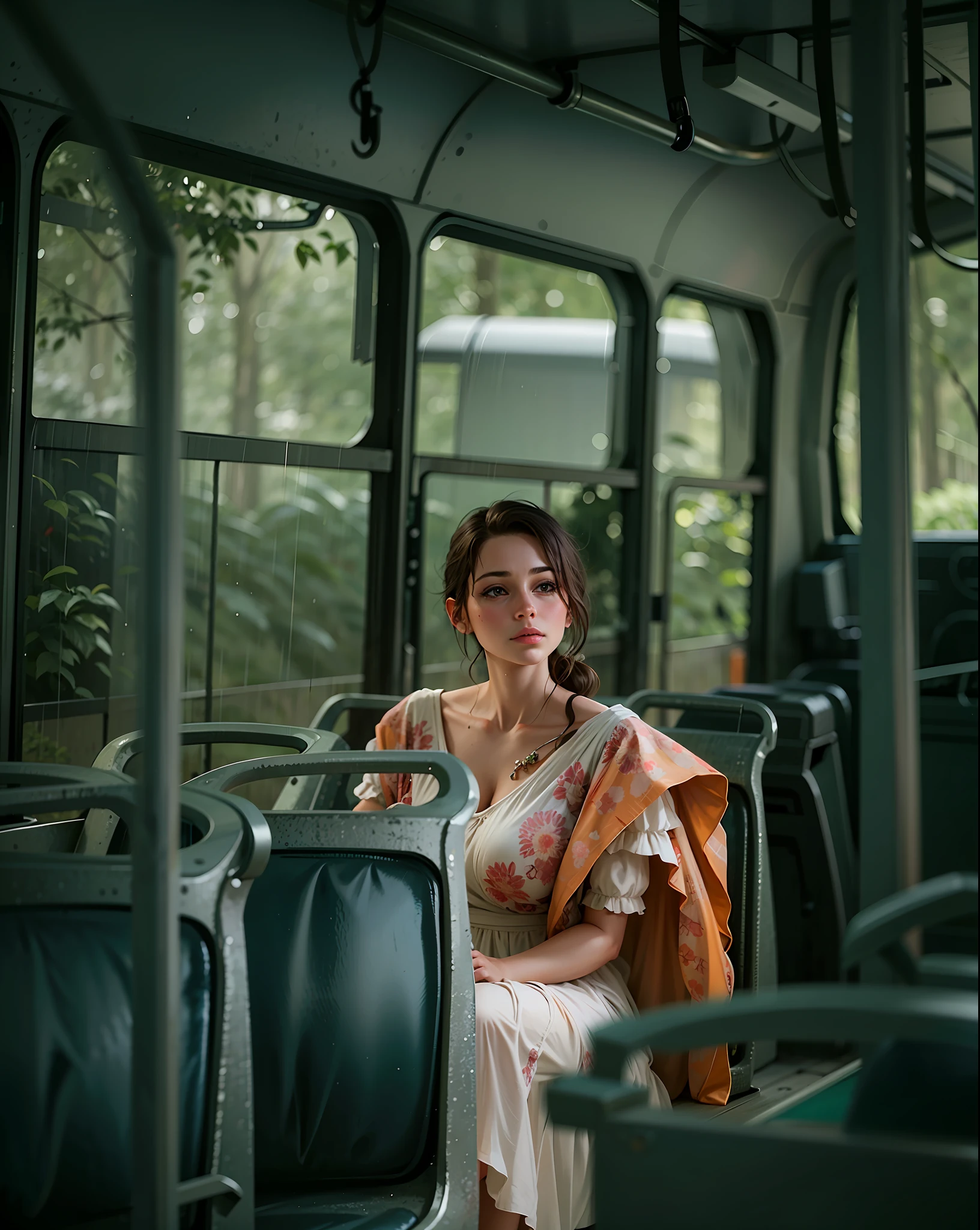 a hyper-realistic portrait of a young woman, half asleep, under a tree, inside a forest, lots of rain, in the middle of nature, 22 years old, realistic, (lying on her side), she is wearing a red panties, (wearing minimal dress), sexy, (huge breasts 2:1), wet clothing, short brown hair, (hair tied with bows), curved, SFW