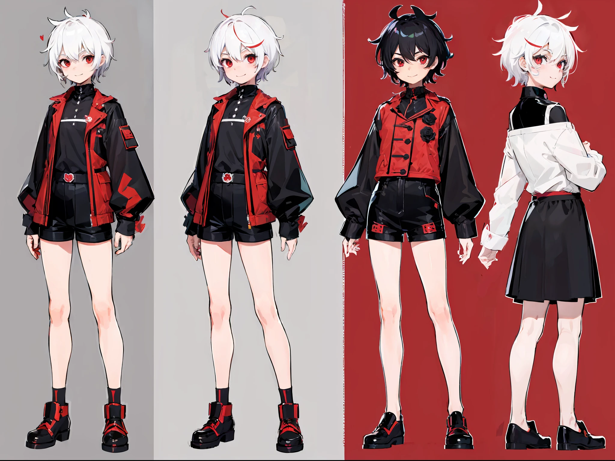 Reference sheet of a cute boy, short white hair, red eyes, smiling, black outfit with short shorts, red rose as accessory, detailed face, detailed hair