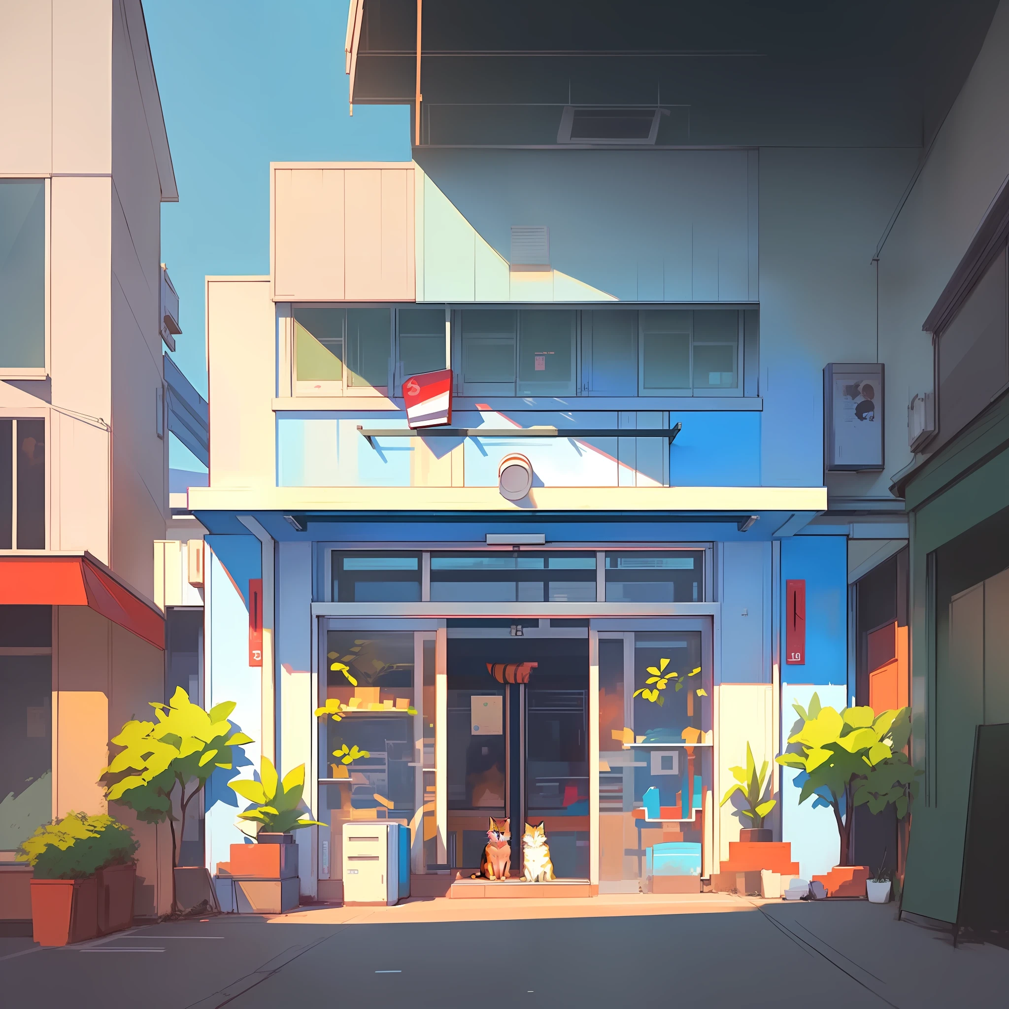 anime style picture of a cat sitting outside a store front, lofi artstyle, anime background art, lofi art, by Atey Ghailan, inspired by Atey Ghailan, in style of atey ghailan, lofi, lofi colors, relaxing concept art, by Ryan Yee, lo-fi illustration style, style of alena aenami