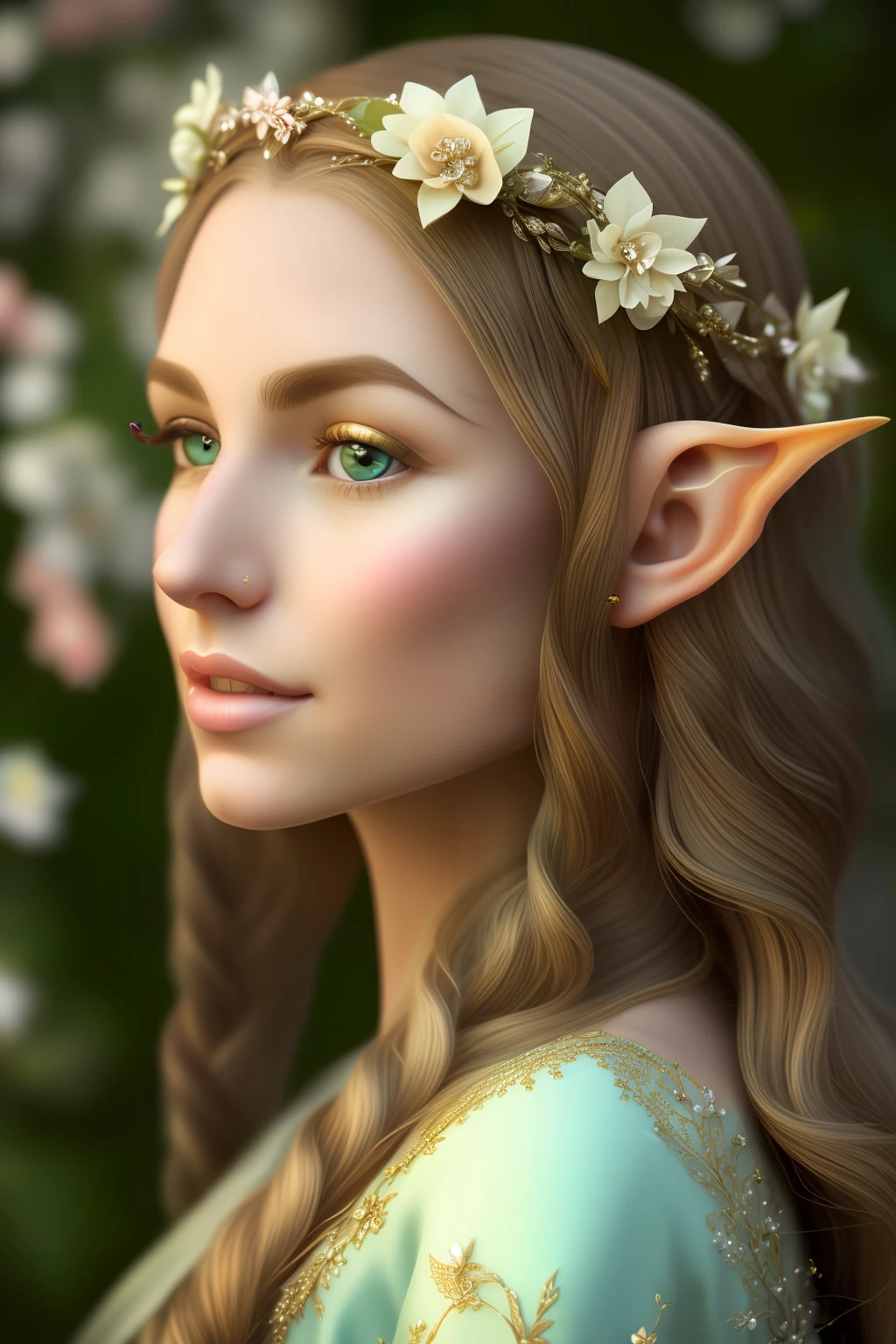 a close up of a woman with long hair and a flower crown, portrait of an elf queen, portrait of very beautiful elf, beautiful and elegant female elf, portrait of an elf, a portrait of an elf, beautiful and elegant elf queen, elf girl, elf princess, side portrait of elven royalty, detailed matte fantasy portrait, beautiful elven princess