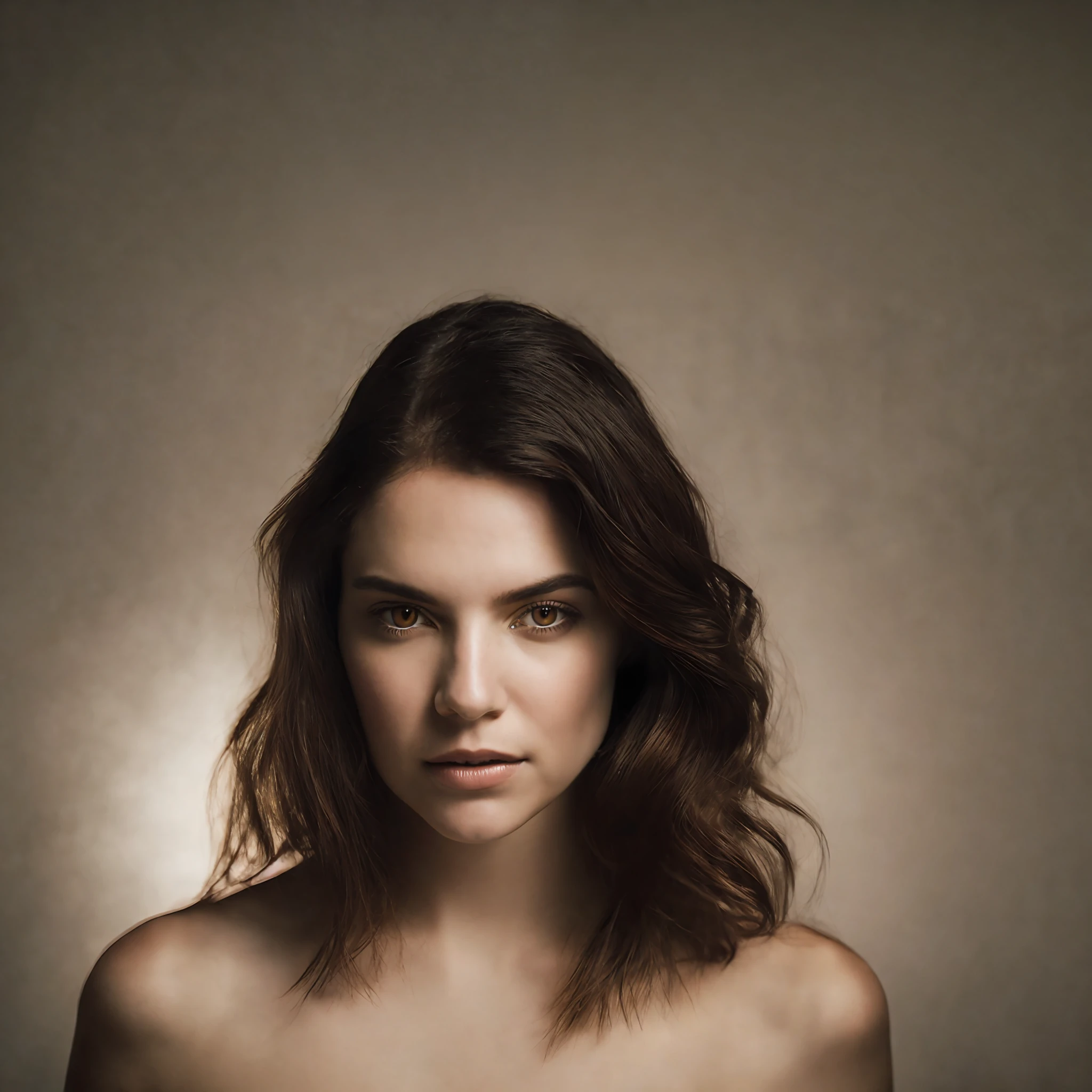 Close-up portrait of a young Caucasian woman, dark hair fluttering shoulder-length, with a dress, symmetrical face, external lighting, taciturn atmosphere, piercing brown eyes