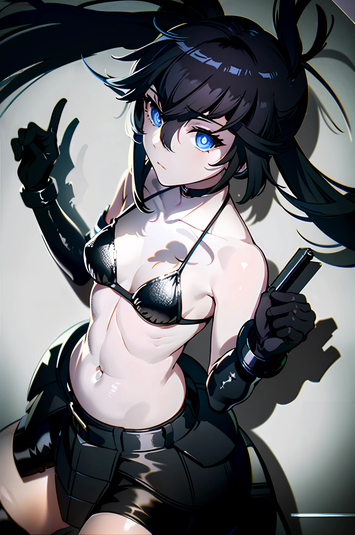 1girl, (solo:1.2), ((masterpiece)), (shadow), [slim], (small breasts), ((sharp focus)), pale skin, ((detailed eyes)), (blurry background), black rock shooter, twintails, bra, black hair, shorts, armpits, collarbone