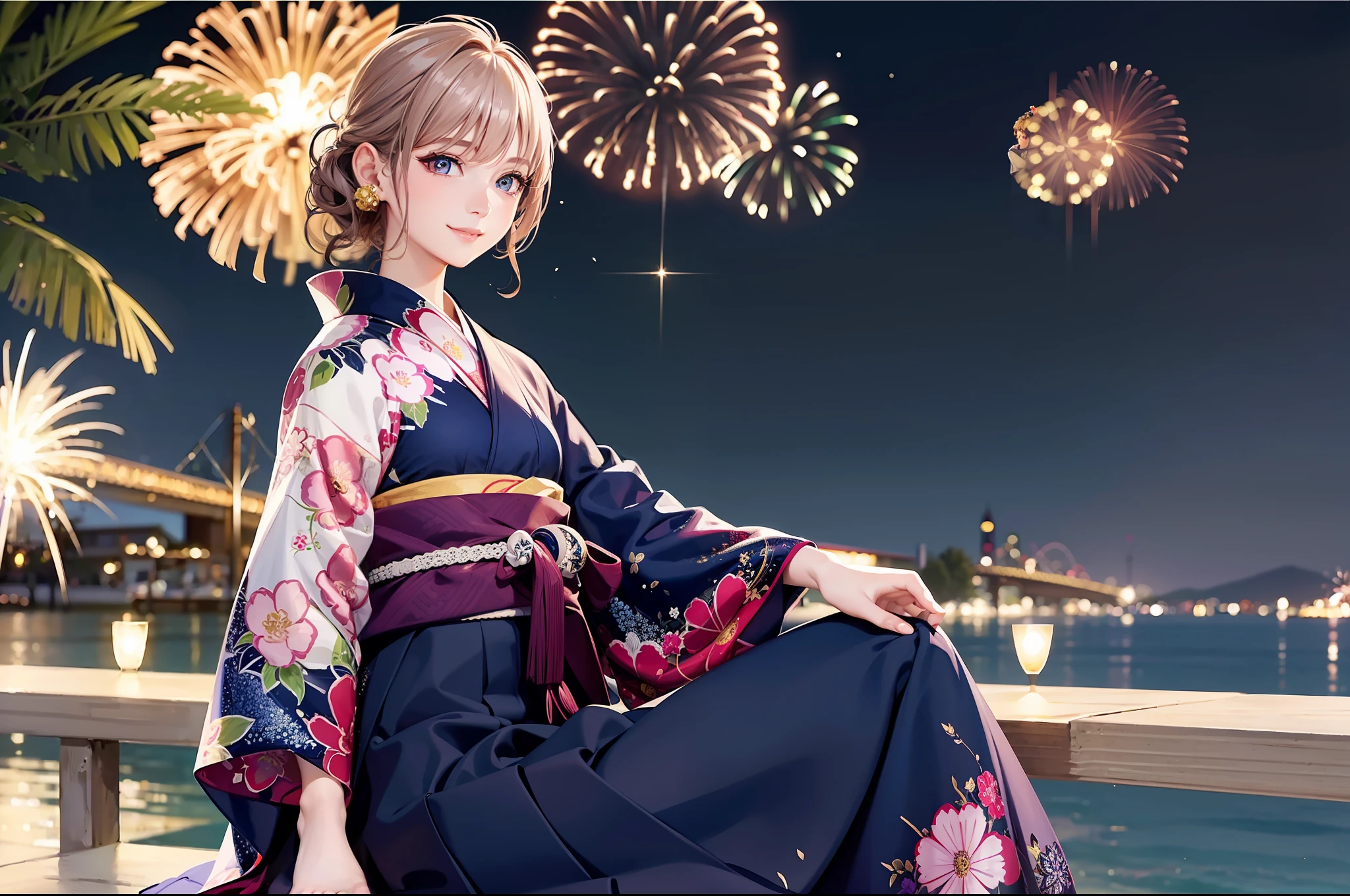 Very delicate and beautiful, highly detailed eyes and face and skin, professional lighting, physically based rendering, (professional photo of girl), perfect anatomy, official art, wonderful, solo, single woman, 25 years old, dumpling hair, symmetrical clear eyes, slim, piercing, (smile, happy smile: 1.3), side view, night: 1.8, yukata, launch fireworks, full body shot