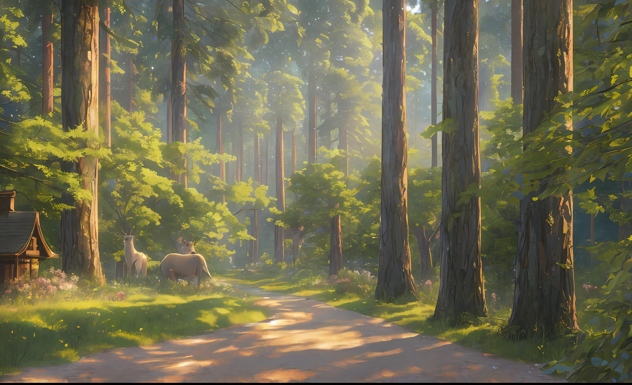 Masterpiece, best quality, high quality, extremely detailed CG unity 8k wallpaper, vast and quiet coniferous forest stretching to the horizon alive with animals, lush green trees harmoniously gathered together, fresh breeze whispering through the leaves, summer creating stunning peaceful landscapes, bokeh, depth of field, HDR, bloom, chromatic aberration, photorealism, highly detailed, trending on artstation, trending on CGsociety, intricate, high detail, dramatic, art by midjourney