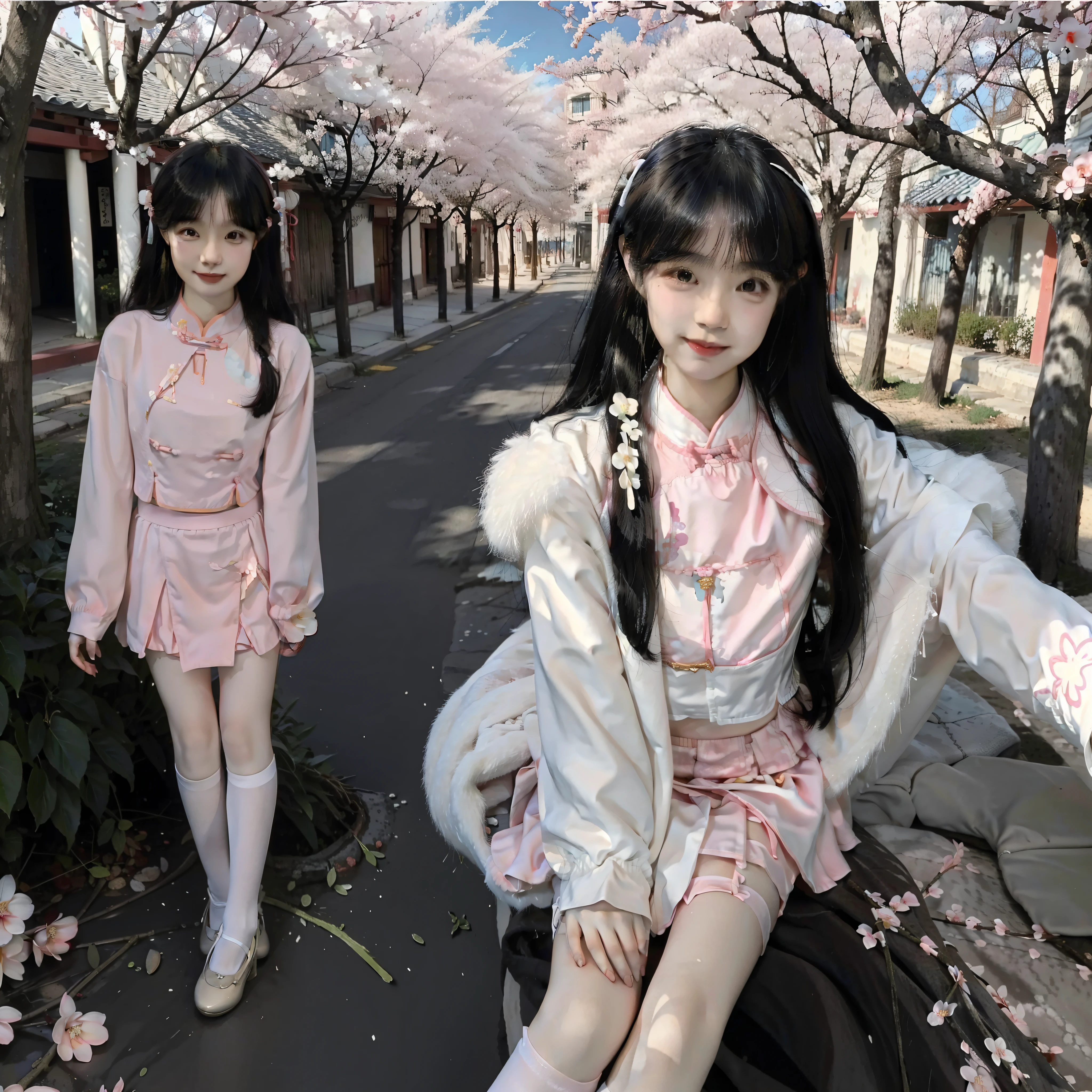 (Chinese painting style + cute), high-quality picture, long hair, pink short skirt, long legs, thin legs, white stockings, protagonist + whole body (emphasis on legs) + smile, delicate and soft local light and shadow expression, rich background details (optional: plum blossom or peach blossom or ancient street alley), slightly fluttering silk fan, ink painting style.