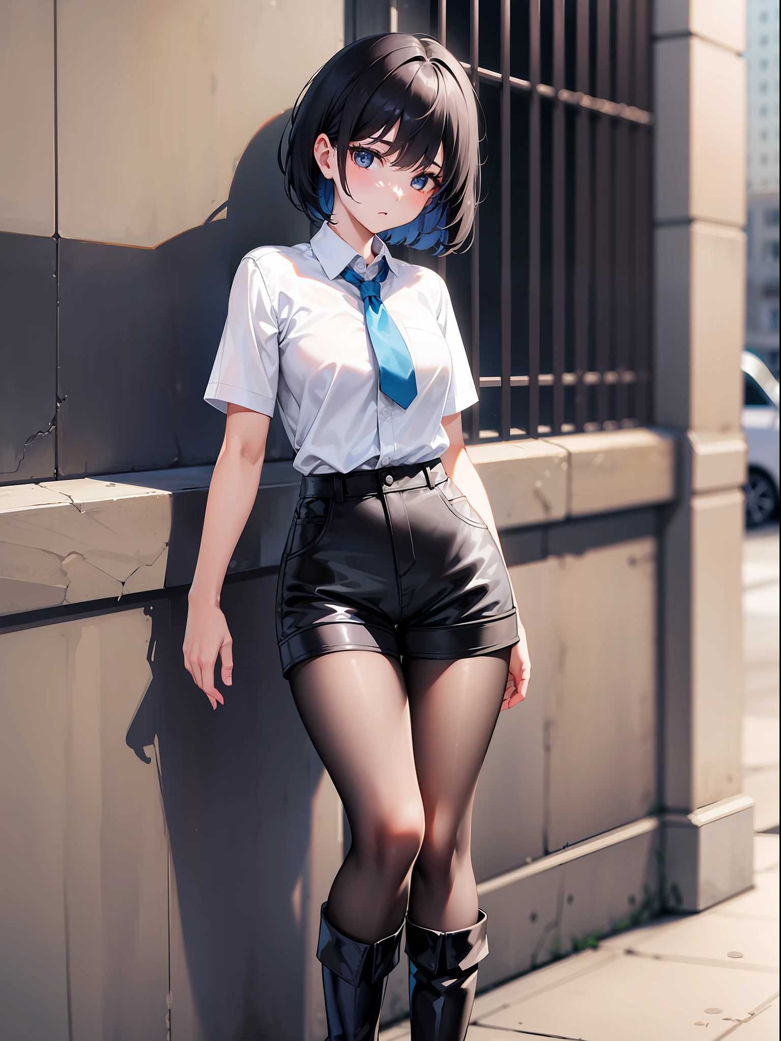 Black hair short hair, short clothes with white collar sleeves, blue shorts, black pantyhose, girl, outdoor, knee high boots
