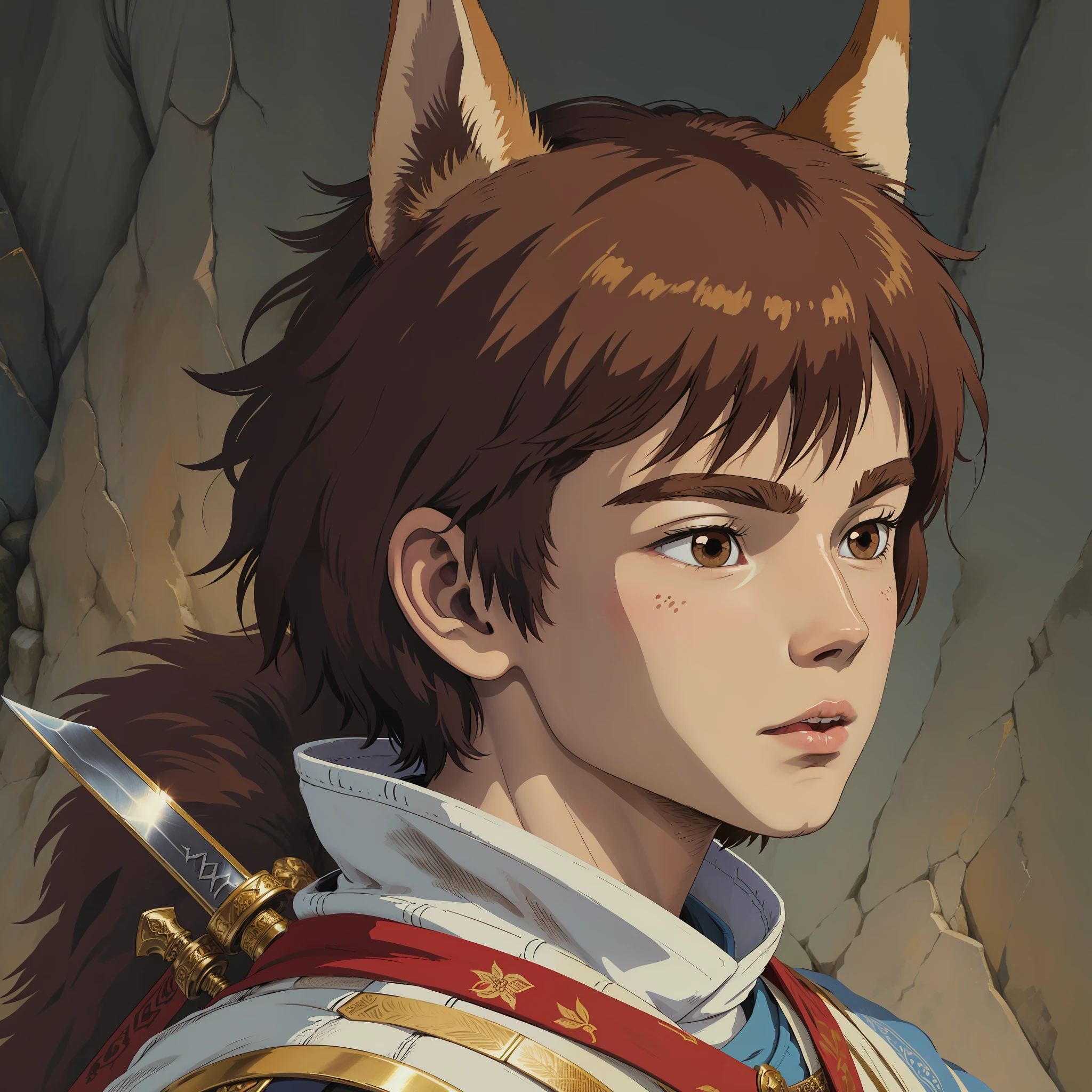 age boy with shiba dog ears on top of head, brown hair, brown eyes, medieval clothing, sword on back, Studio ghibli style, portrait, portrait, no human ears