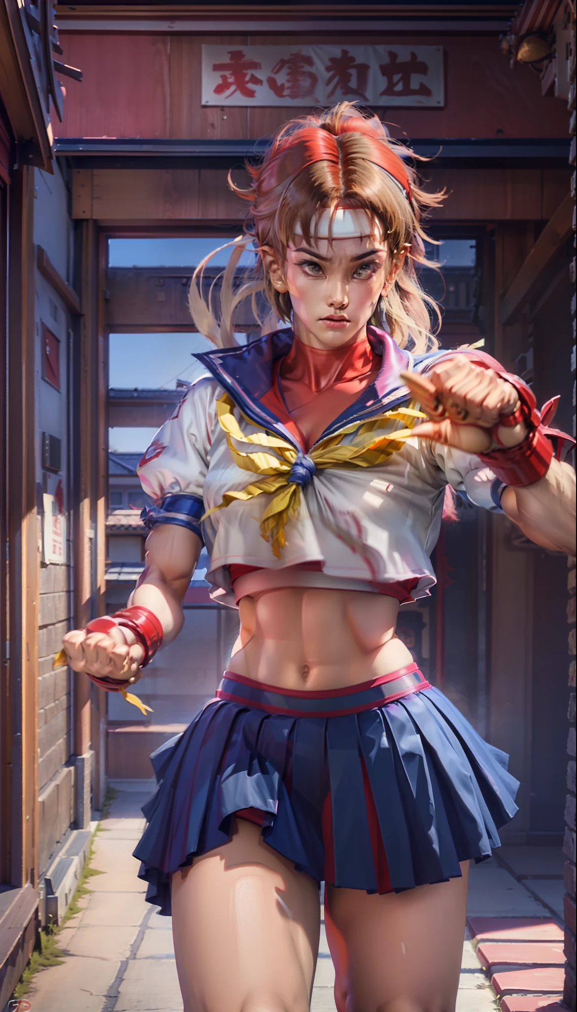 (masterpiece), (best quality), realistic illustration, digital painting, of Sakura's street fighter, a young high school fighter in a fighting pose. Hot body, slim body with curves, face with angry expression, realistic, highly detailed, vibrant colors. In the background a traditional Japanese town of the fourteenth century, cherry trees, Cherry leaves.