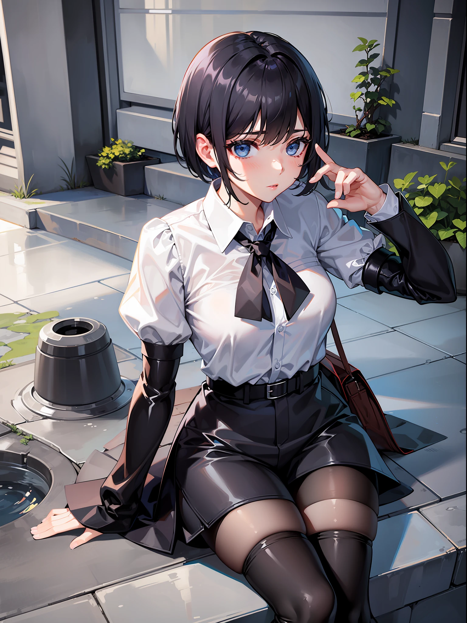 Black hair short hair, short clothes with white collar sleeves, blue shorts, black pantyhose, girl, outdoor, knee high boots