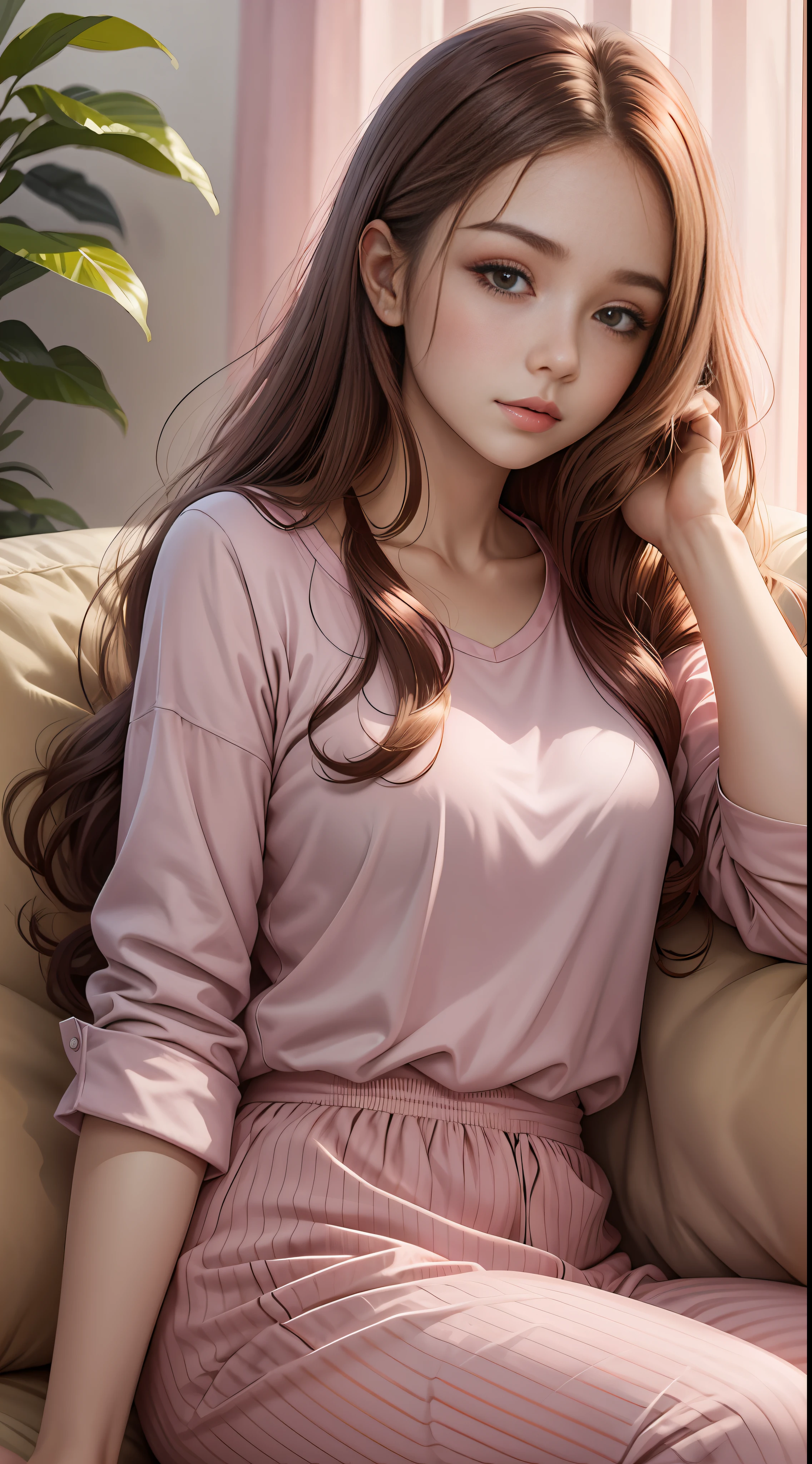 Sunny girl, 22 years old, beautiful lazy face shape, realistic, she is wearing long pants, pink pajamas, brown hair, sitting on sofa