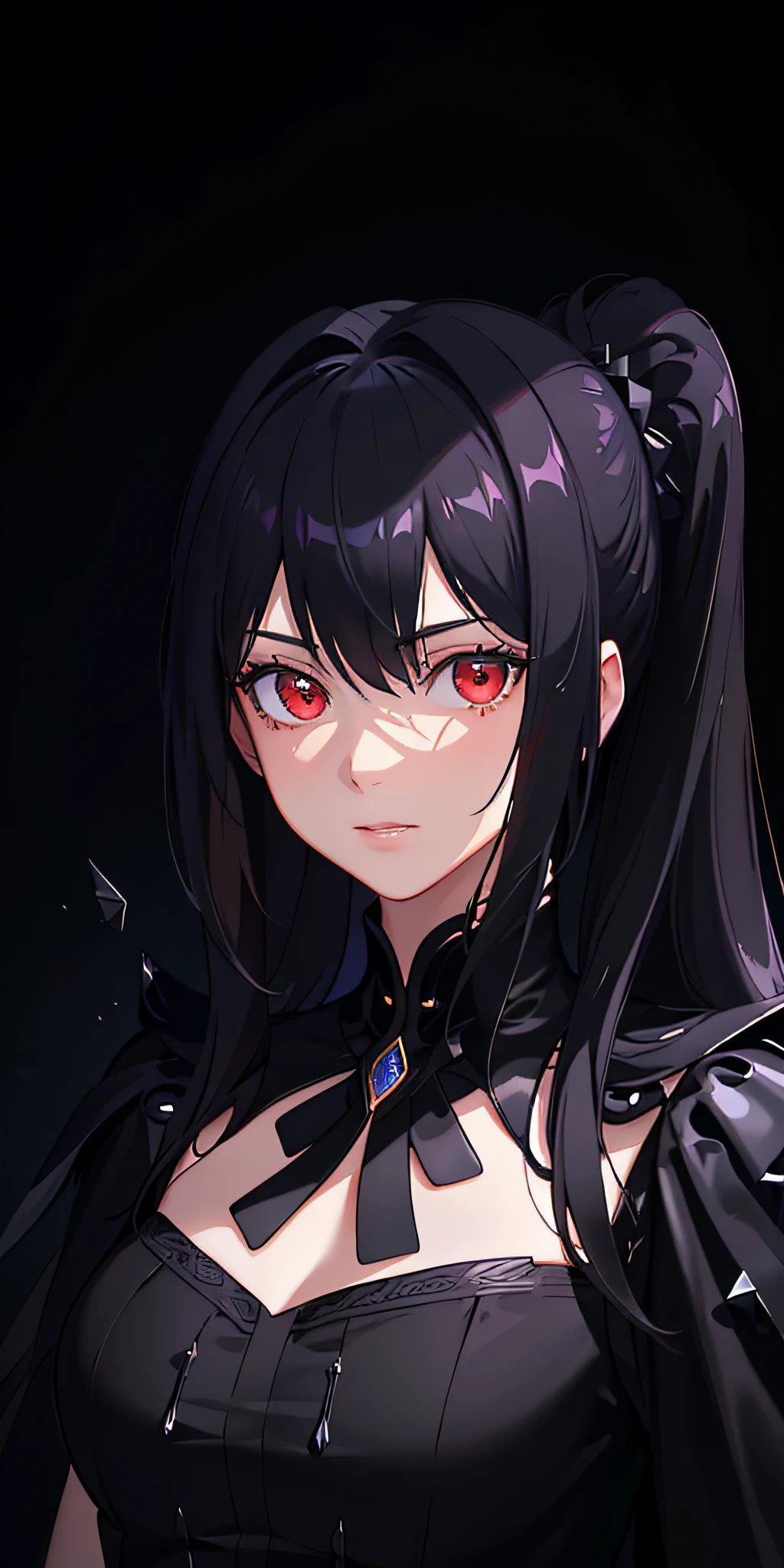 (masterpiece, best quality, ultra-detailed, best shadows), (detailed background, dark fantasy), (beautiful detailed face), (beautiful and detailed face), (best lighting, very tasty and beautiful), (movie light)), colorful, ultra-detailed, dramatic lighting, intricate details, (1 girl, solo, black hair, sharp face, low double ponytails, red eyes, hair between eyes, dynamic angle), blood splashes, characters that revolve around black light, deep black particles (broken glass), magic circle,