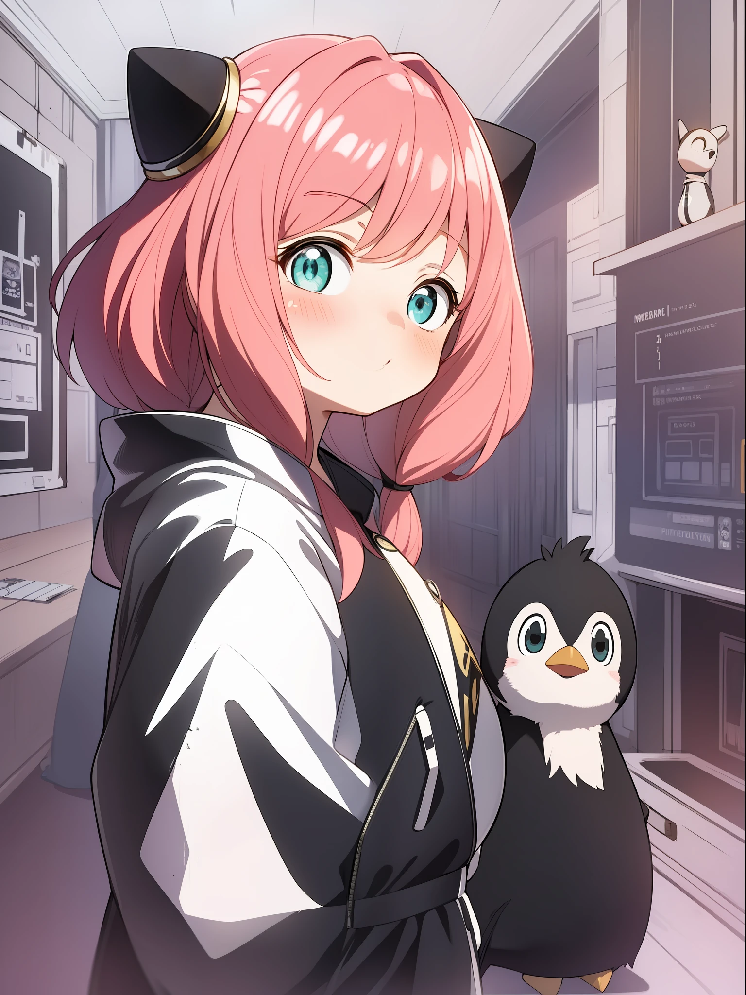 Anya Forger, playing with a stuffed penguin, (small stature:1.3), 2 black cones in hair, pink hair, nice environment, super detailed, high quality