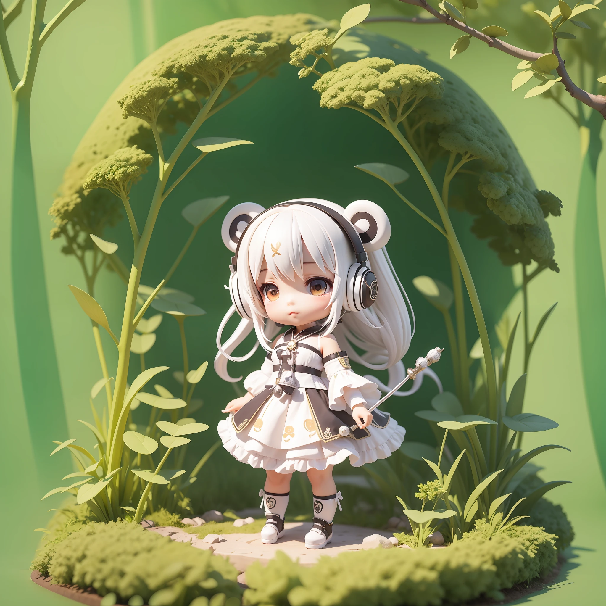 Masterpiece, best quality, lots of detail, (full body:1.2), chibi, panda girl, white hair, magic dress, light headphones, 3D rendering, Q printmaking style