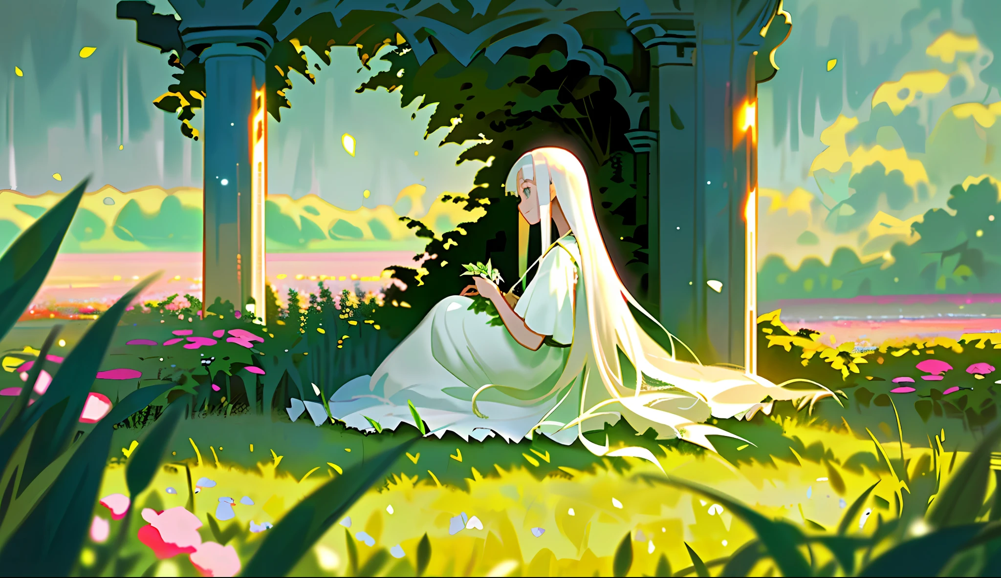 (Masterpiece, best quality), 1 long white-haired girl sitting in a field of greenery and flowers, her hands under her chin, warm lights, white dress, blurred foreground (Same character, front, side, back) (full body)