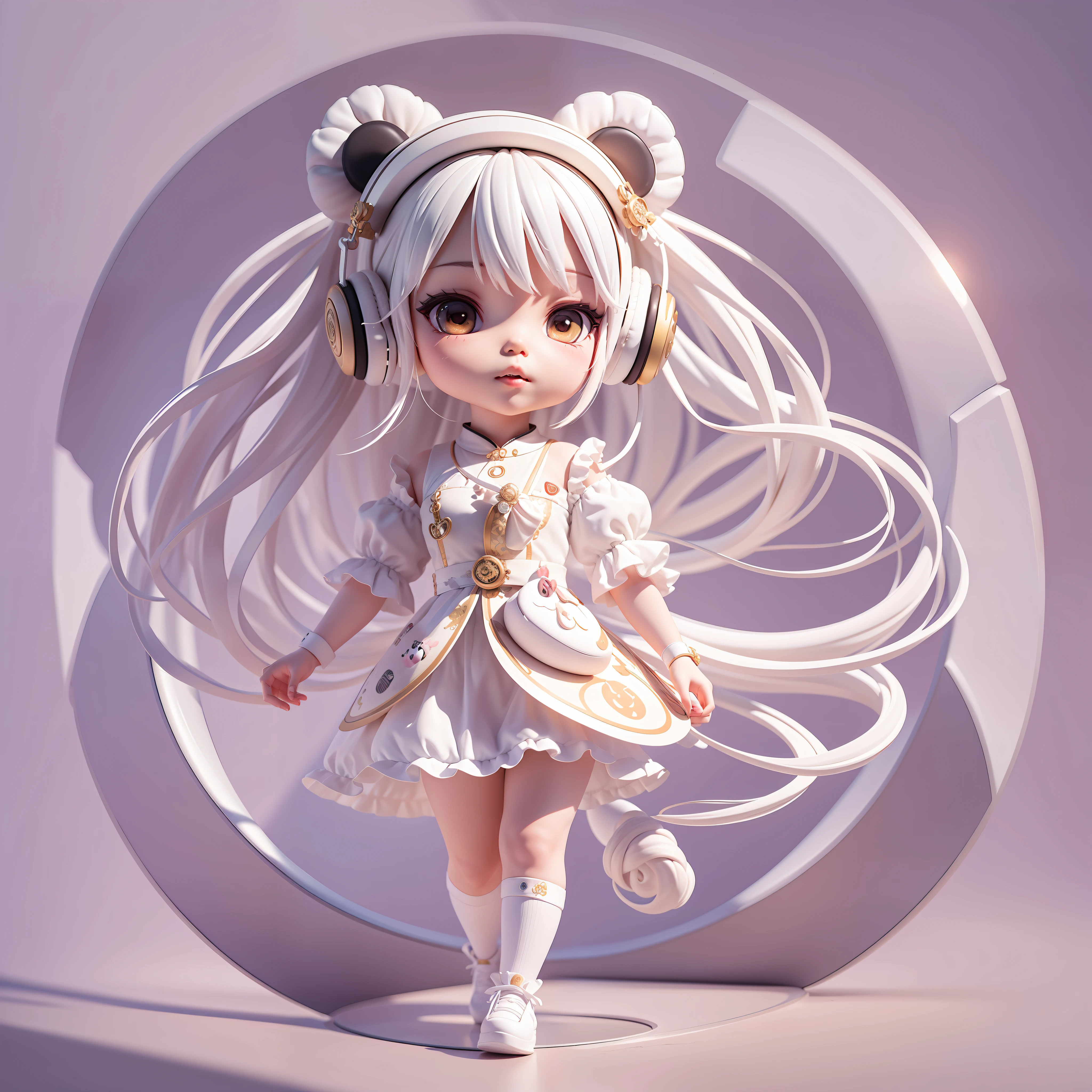 Masterpiece, best quality, lots of detail, (full body:1.2), chibi, panda girl, white hair, magic dress, light headphones, 3D rendering, Q printmaking style