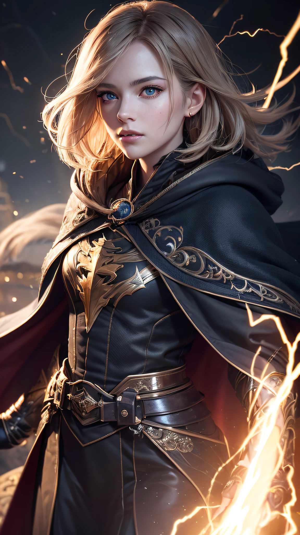 (skindentation:1.5), Realistic, Photorealistic, (masterpiece:1.5), concept art, intricate details, highly detailed, photorealistic, octane render, 8k, unreal engine, dynamic pose, best quality, highres, (realistic face:1.1), (hyperrealistic:1.1), ((full_body)), perfect eyes,(shiny skin:1.2), (((hairstyle))), (((perfect hands))), (extremely detailed background), ((dynamic background)), ((lightning)), (light rays), ((1girl)), wearing cloak, (((flowing cloak))), ((detailed eyes, high quality eyes, high quality face)), (extremely intricate robes, magical robes), short hair, casting lightning, electricity, swirling fire, radiating power, sparks, smoke, magic, ((dramatic)), epic, battlefield, depth of field, bokeh, 4k, gothic, ember, particles
